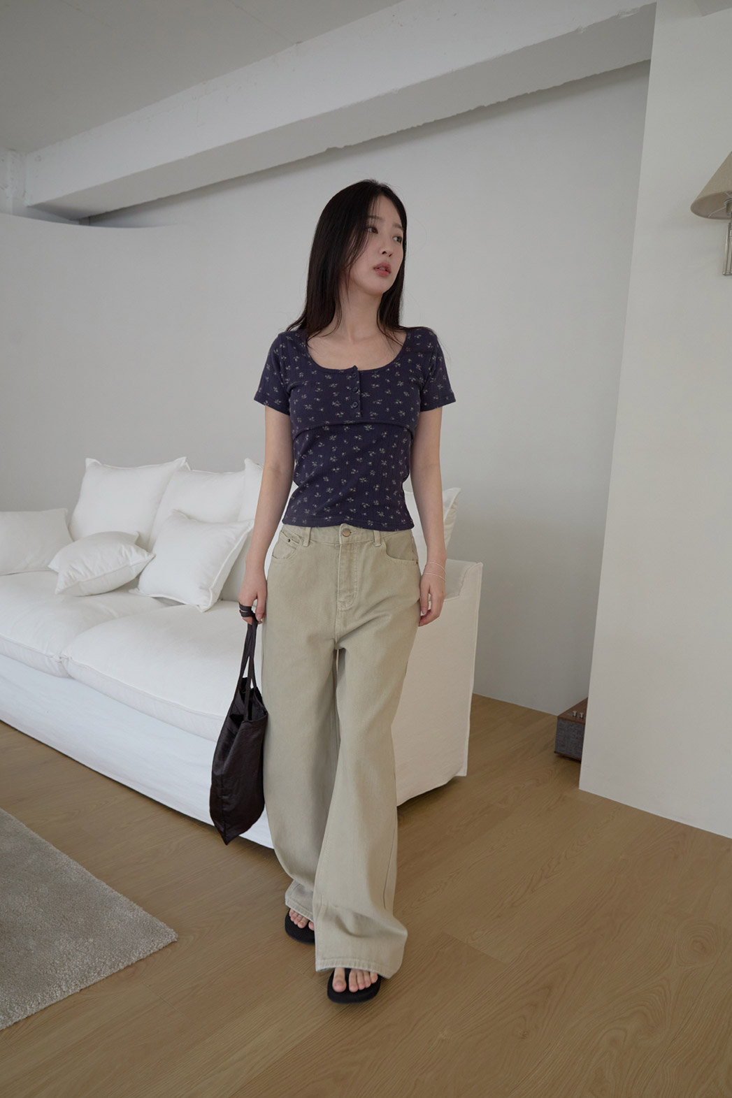 コットンスクエアネックUネックスリム花柄Tシャツオールシーズン | 詳細画像16