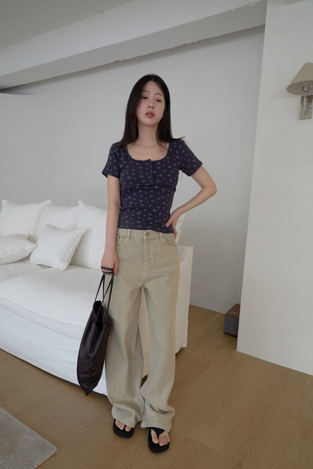 コットンスクエアネックUネックスリム花柄Tシャツオールシーズン | 詳細画像17