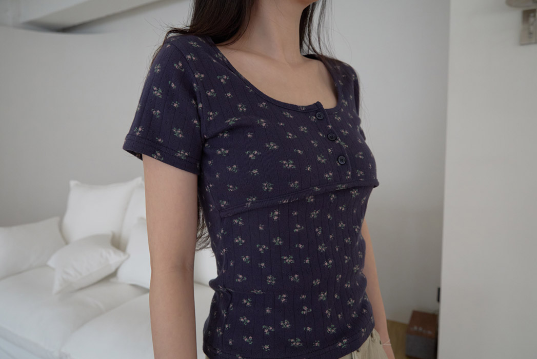 コットンスクエアネックUネックスリム花柄Tシャツオールシーズン | 詳細画像22