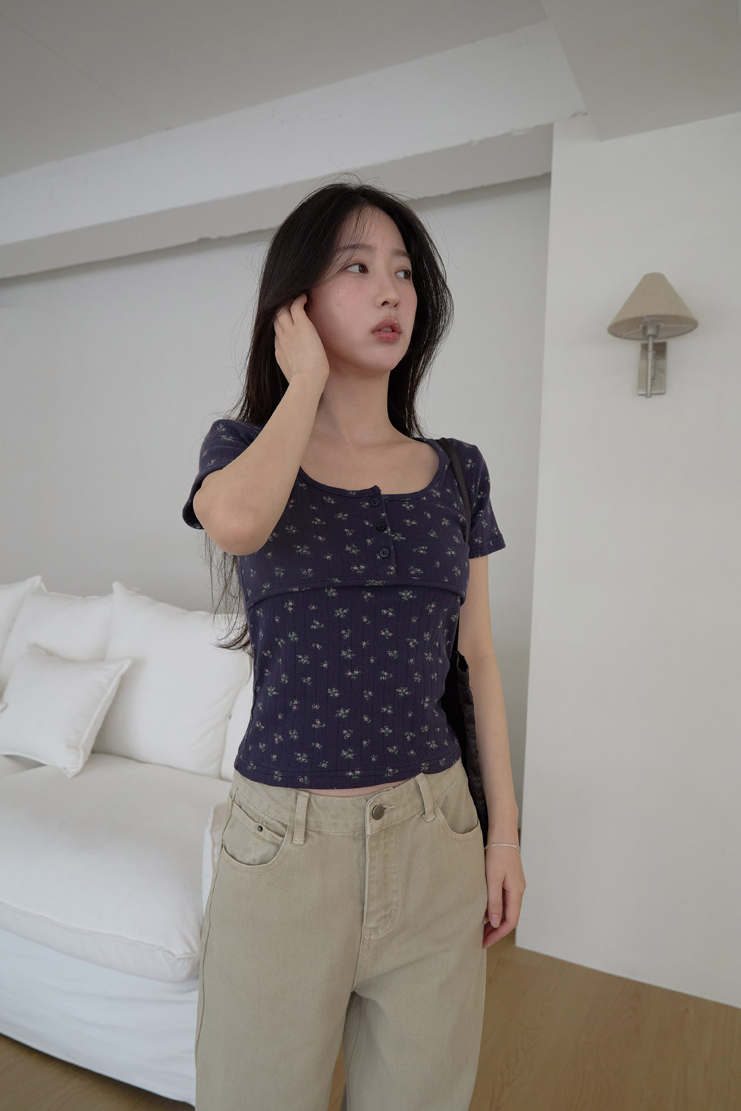 コットンスクエアネックUネックスリム花柄Tシャツオールシーズン | 詳細画像24