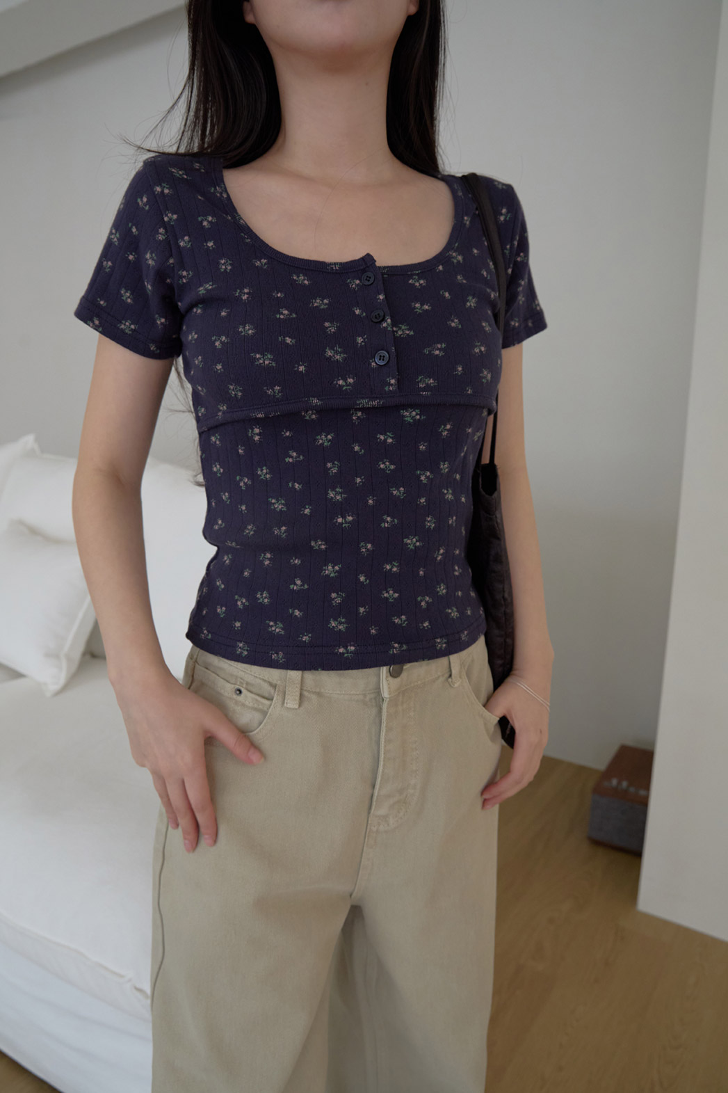 コットンスクエアネックUネックスリム花柄Tシャツオールシーズン | 詳細画像25