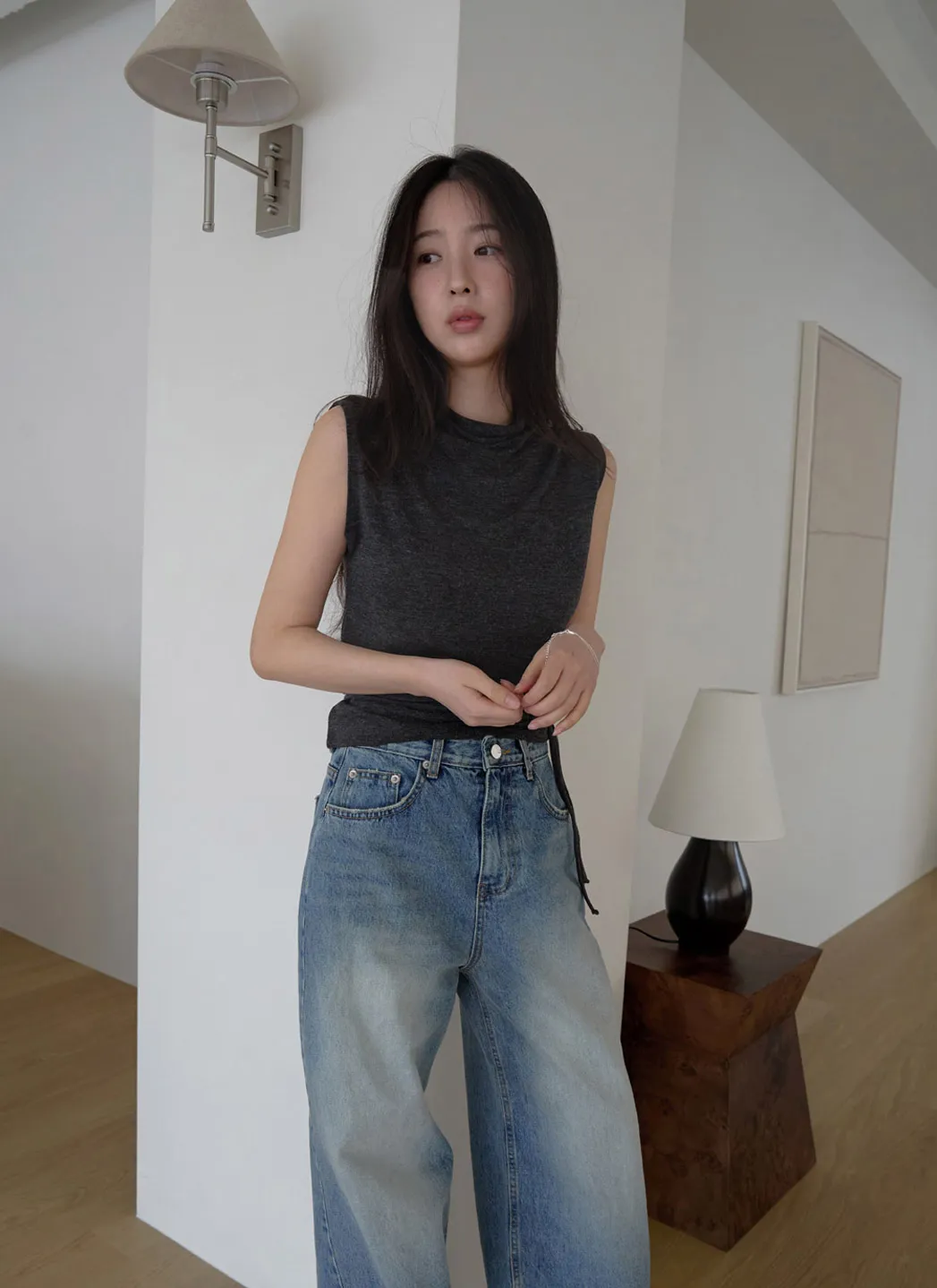 ベルベットストレッチベロアストラップハイネックスリム無地ノースリーブオールシーズン | 詳細画像1