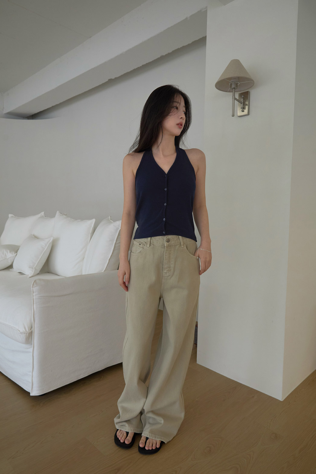 ベルベットストレッチベロアリネン混ボタンホルターネックベーシック無地ノースリーブオールシーズン | 詳細画像3