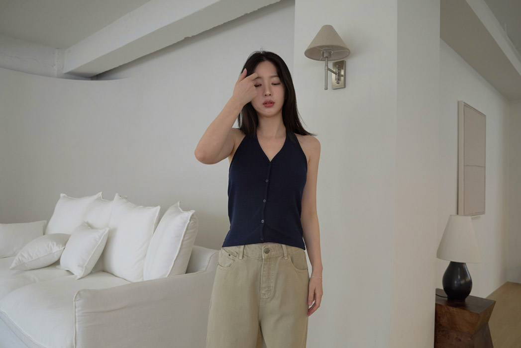 ベルベットストレッチベロアリネン混ボタンホルターネックベーシック無地ノースリーブオールシーズン | 詳細画像7