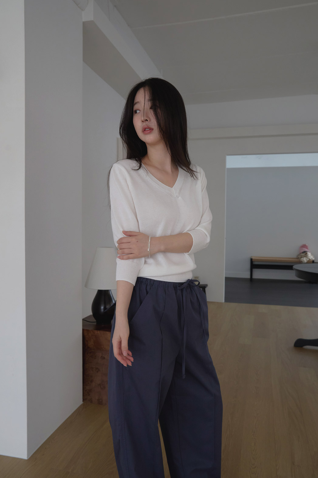 コットンVネックベーシック7分袖無地ニットオールシーズン | 詳細画像7