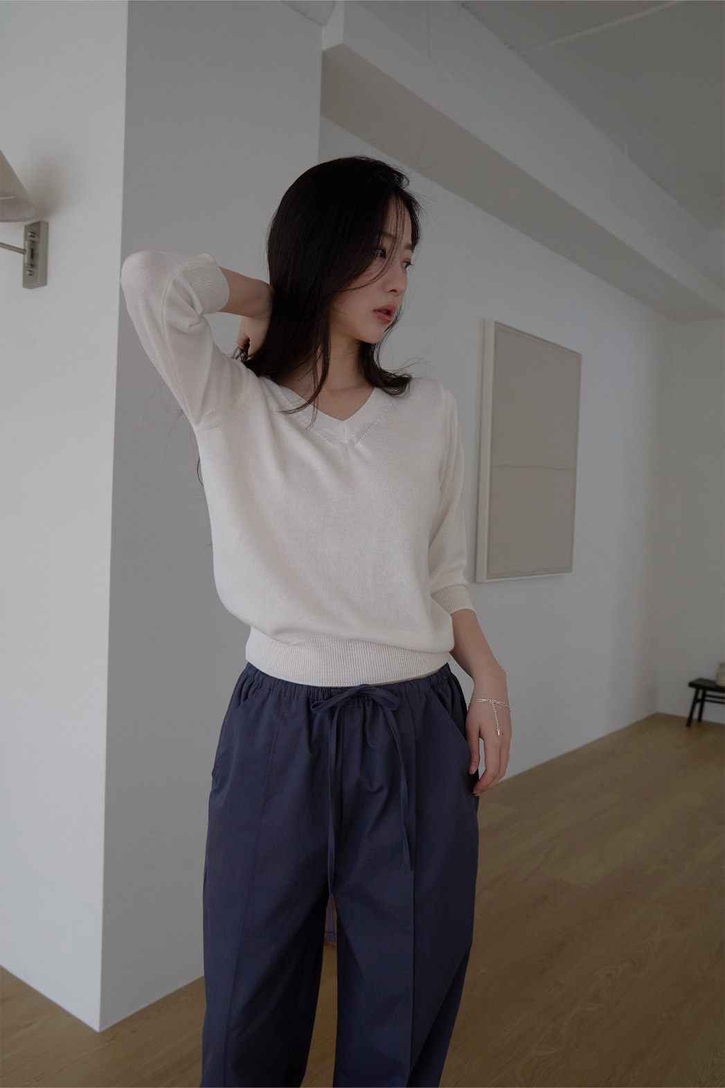 コットンVネックベーシック7分袖無地ニットオールシーズン | 詳細画像8