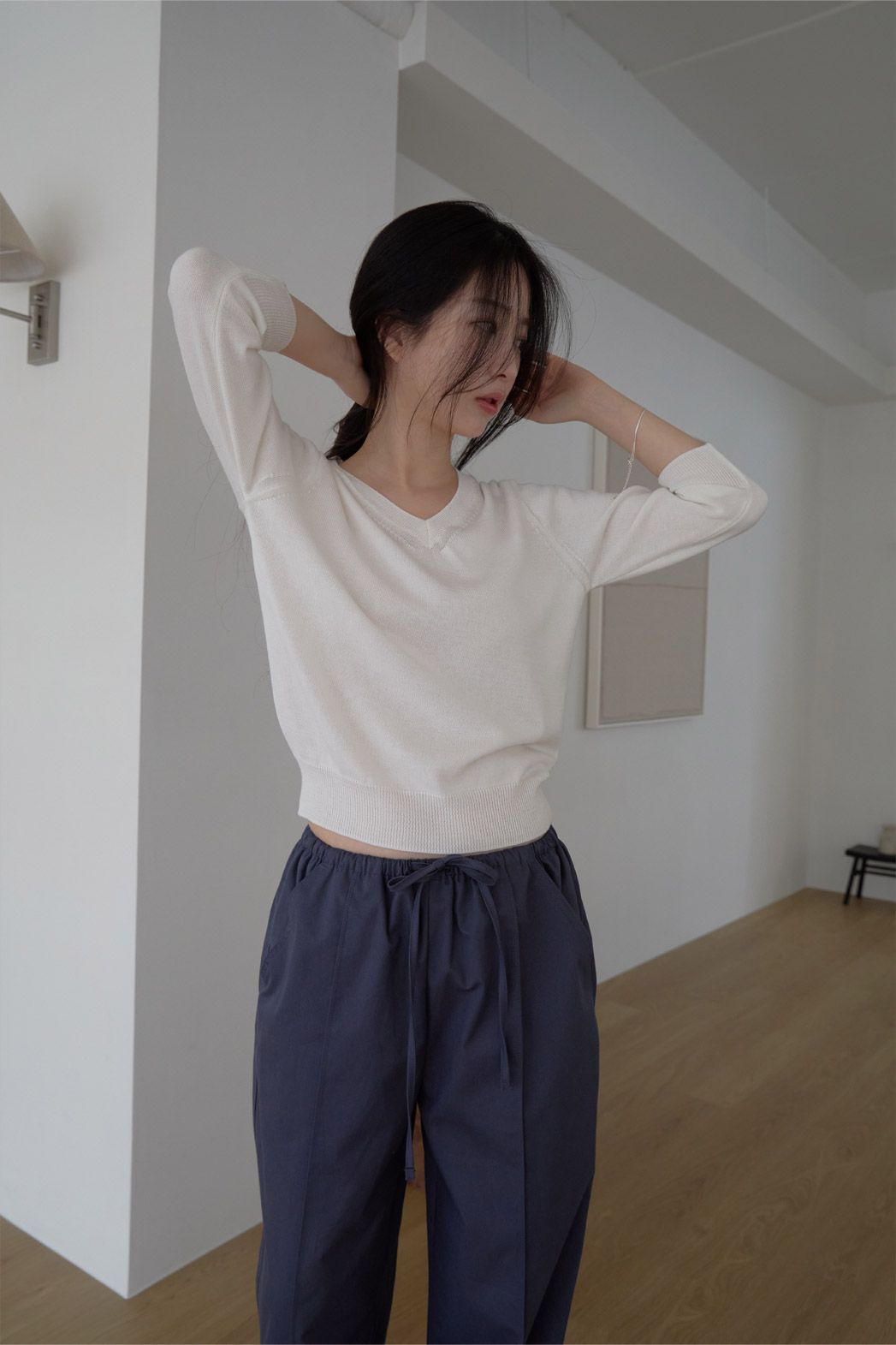 コットンVネックベーシック7分袖無地ニットオールシーズン | 詳細画像9