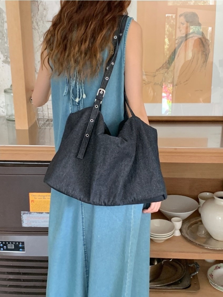 デニムジップアップベルトポケットビッグ無地ショルダーバッグ | 詳細画像3