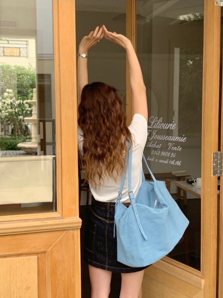 デニムジップアップベルトポケットビッグ無地ショルダーバッグ | 詳細画像7