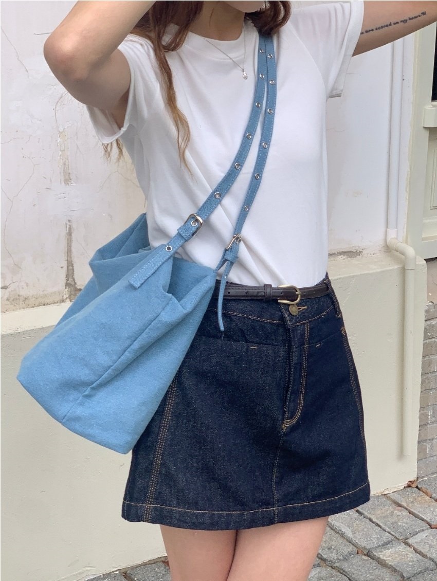 デニムジップアップベルトポケットビッグ無地ショルダーバッグ | 詳細画像8