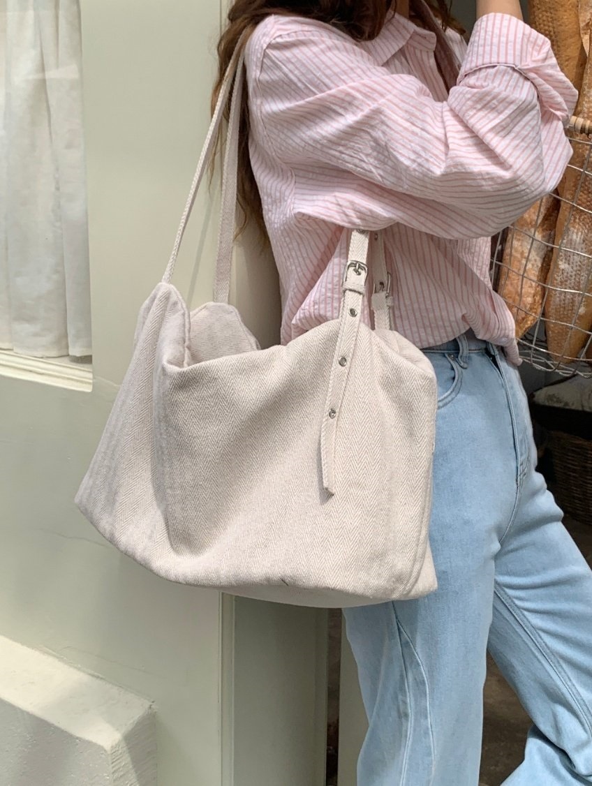 デニムジップアップベルトポケットビッグ無地ショルダーバッグ | 詳細画像9