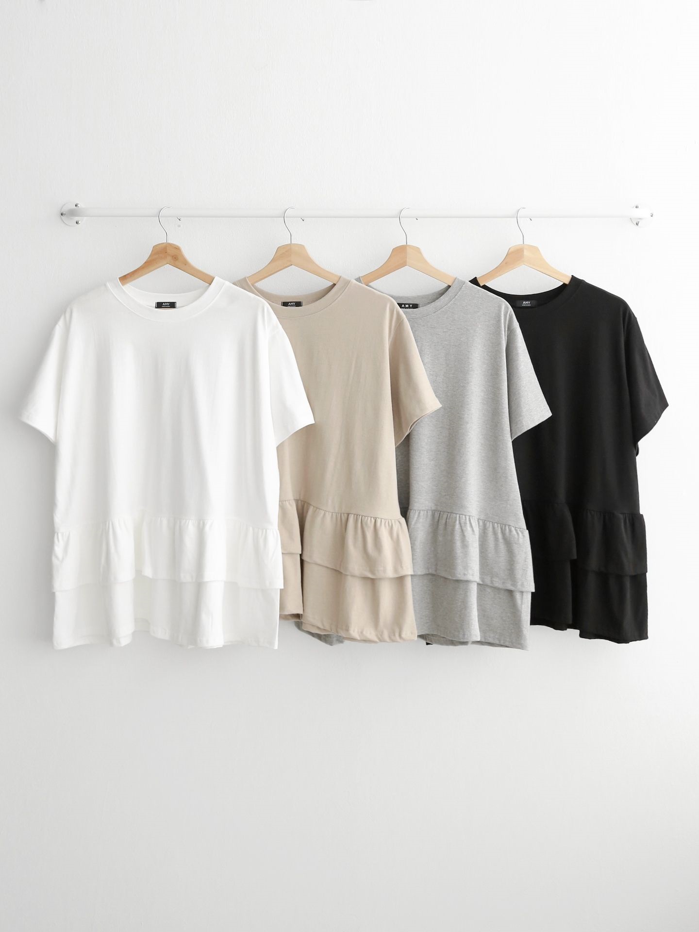 コットンラウンドネックシャーリングラッフルティアードオーバーサイズルーズ半袖ハーフドロップショルダー無地Tシャツ | 詳細画像2