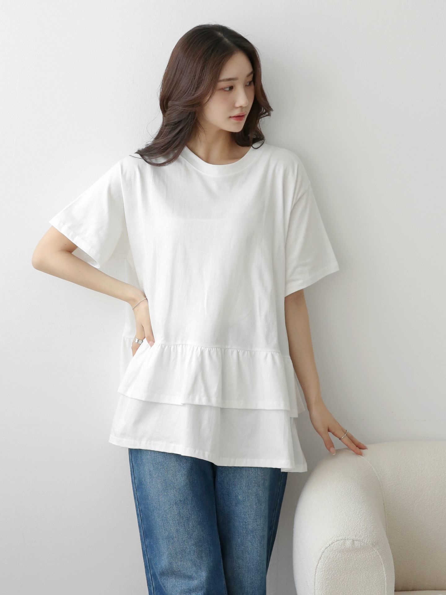コットンラウンドネックシャーリングラッフルティアードオーバーサイズルーズ半袖ハーフドロップショルダー無地Tシャツ | 詳細画像3