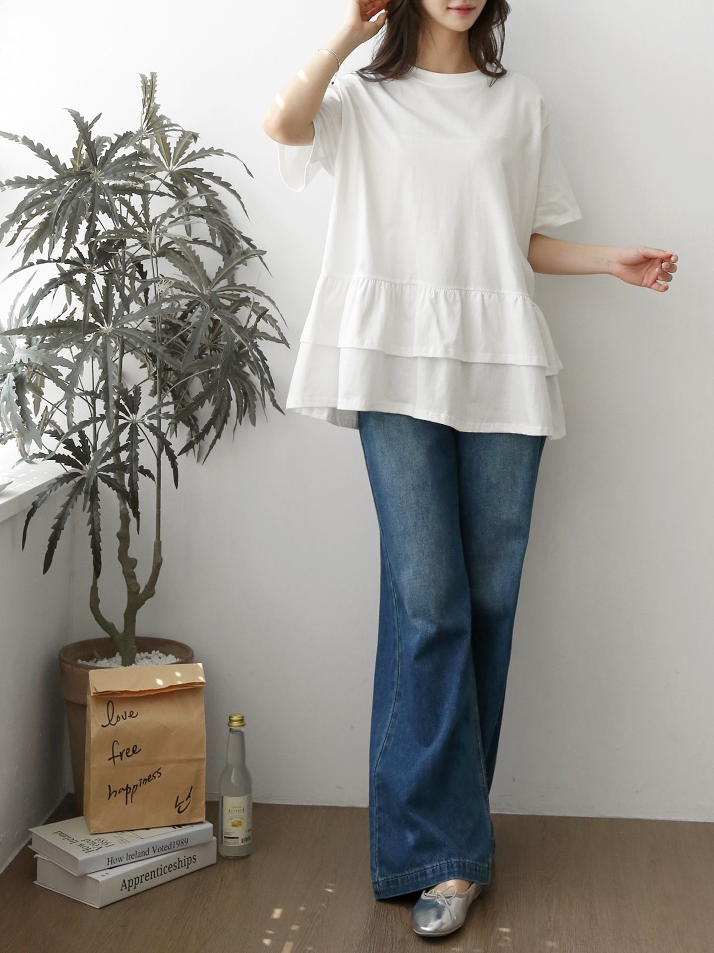 コットンラウンドネックシャーリングラッフルティアードオーバーサイズルーズ半袖ハーフドロップショルダー無地Tシャツ | 詳細画像4