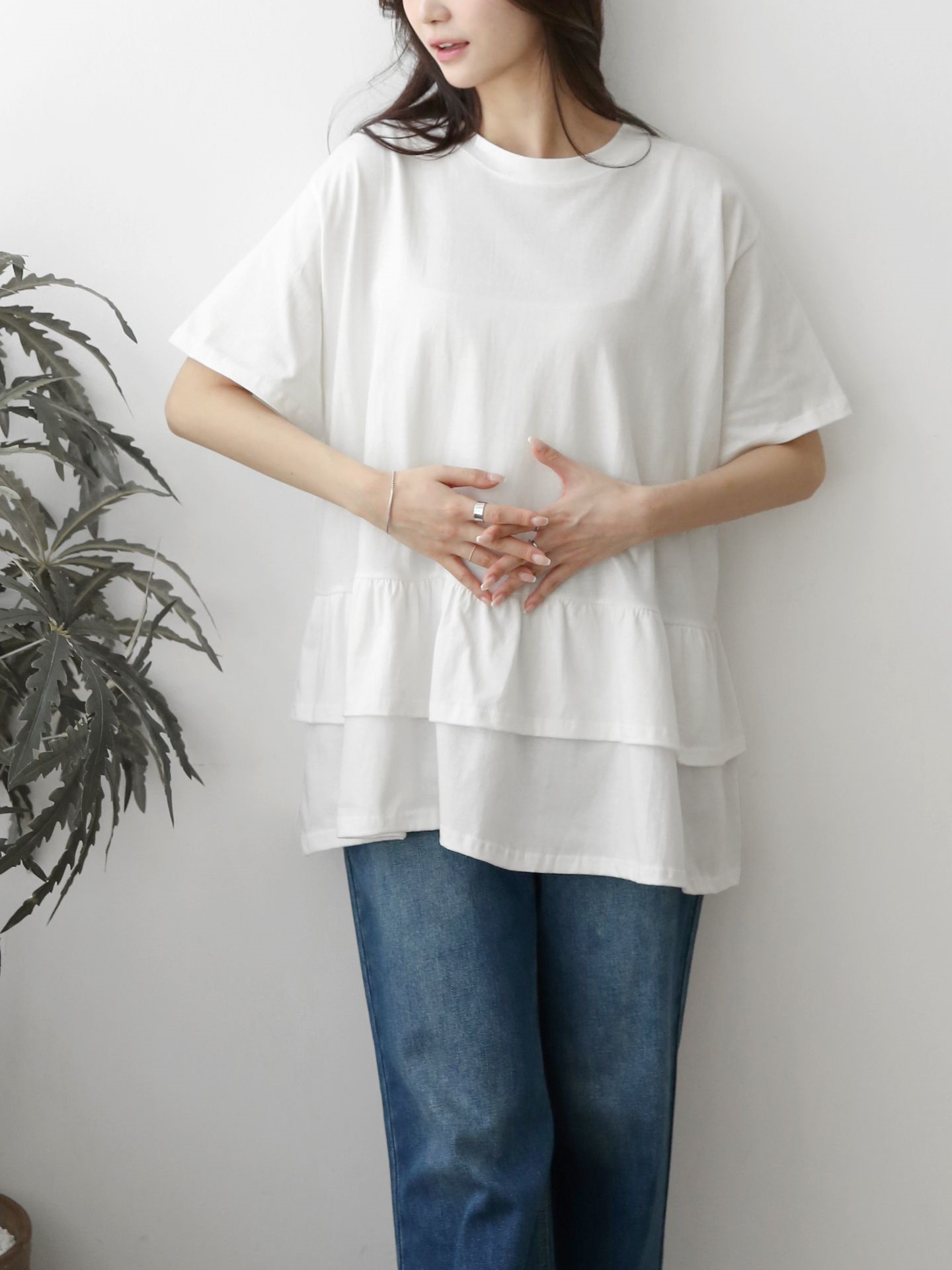 コットンラウンドネックシャーリングラッフルティアードオーバーサイズルーズ半袖ハーフドロップショルダー無地Tシャツ | 詳細画像5