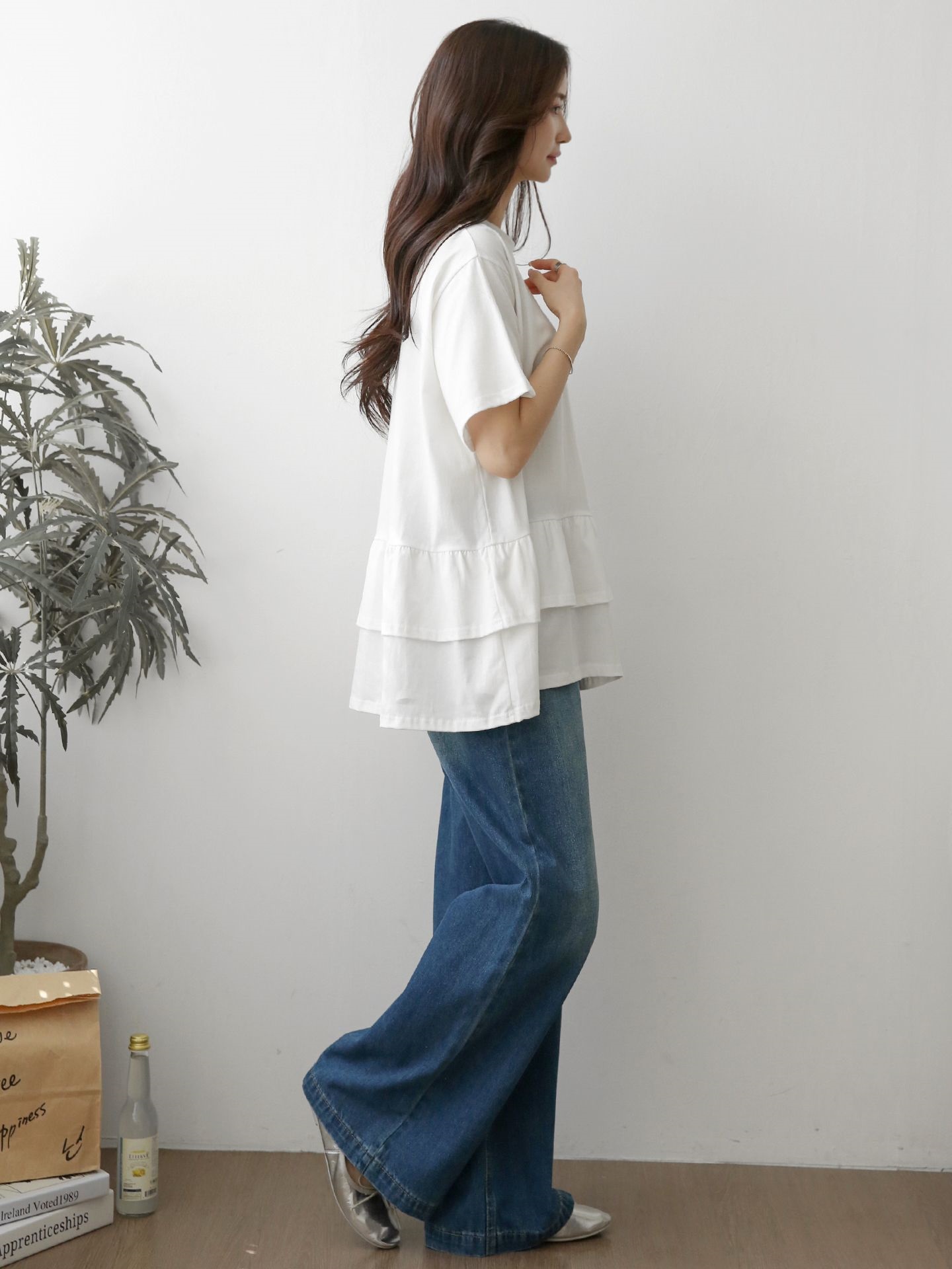 コットンラウンドネックシャーリングラッフルティアードオーバーサイズルーズ半袖ハーフドロップショルダー無地Tシャツ | 詳細画像6