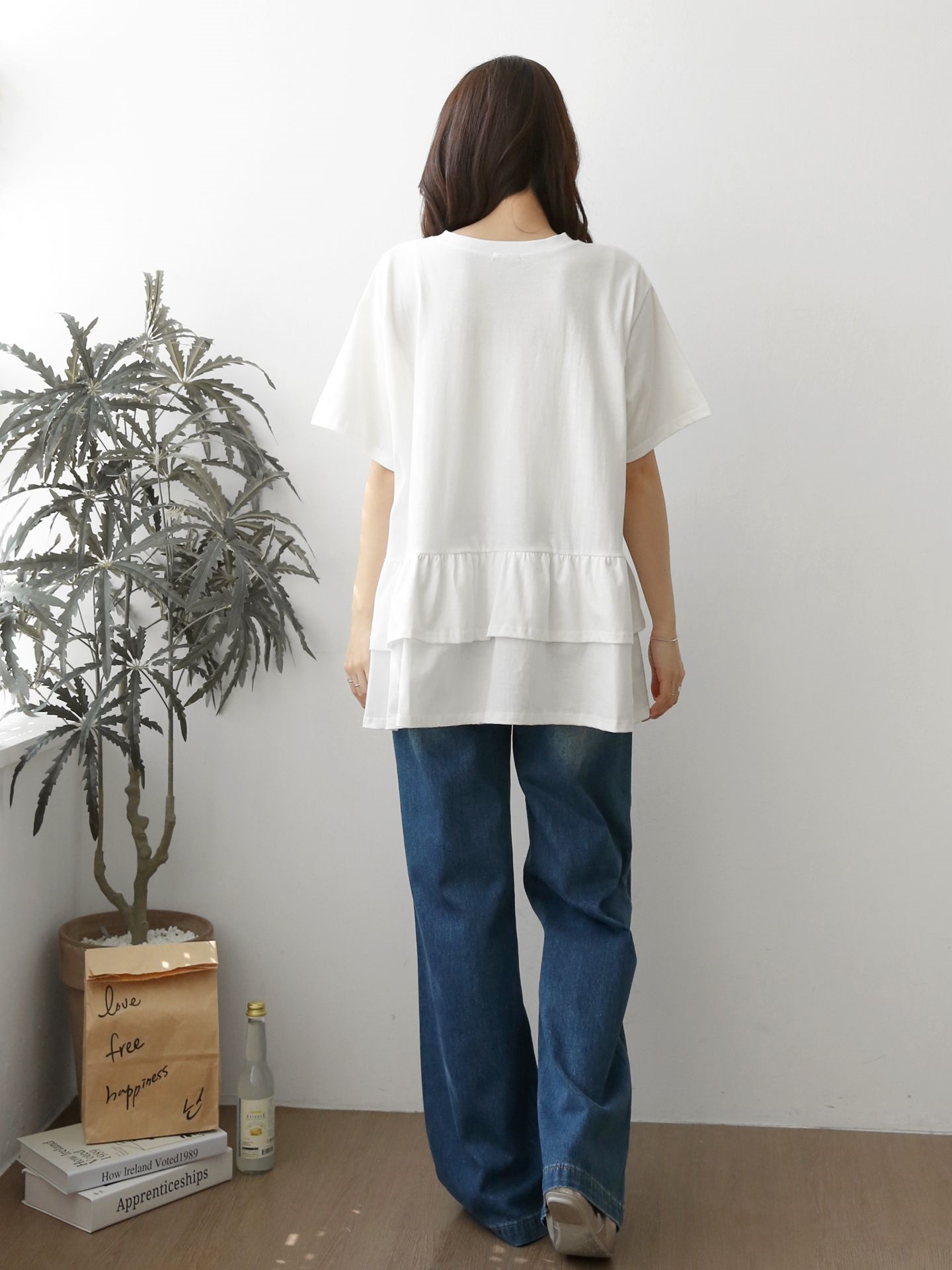 コットンラウンドネックシャーリングラッフルティアードオーバーサイズルーズ半袖ハーフドロップショルダー無地Tシャツ | 詳細画像7