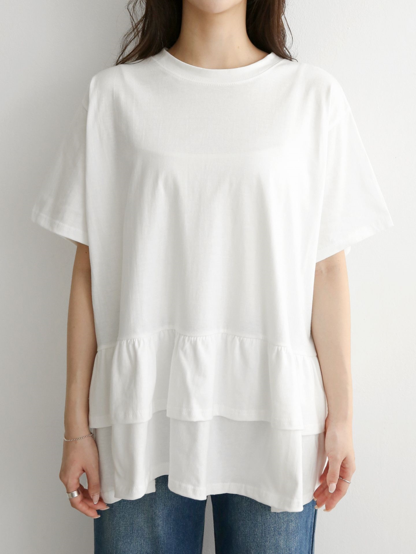 コットンラウンドネックシャーリングラッフルティアードオーバーサイズルーズ半袖ハーフドロップショルダー無地Tシャツ | 詳細画像8