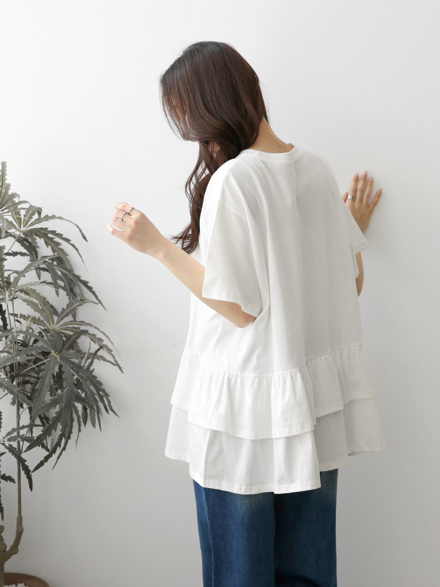 コットンラウンドネックシャーリングラッフルティアードオーバーサイズルーズ半袖ハーフドロップショルダー無地Tシャツ | 詳細画像9