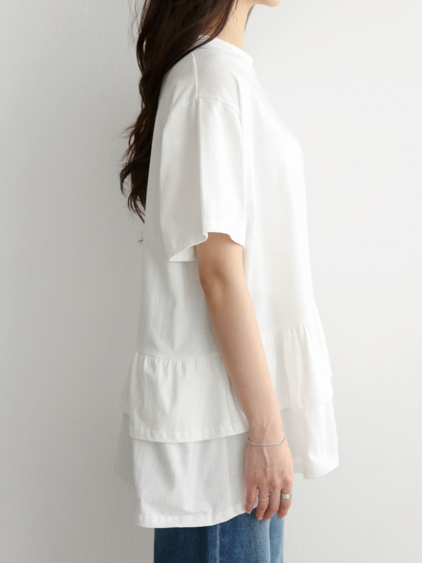 コットンラウンドネックシャーリングラッフルティアードオーバーサイズルーズ半袖ハーフドロップショルダー無地Tシャツ | 詳細画像10