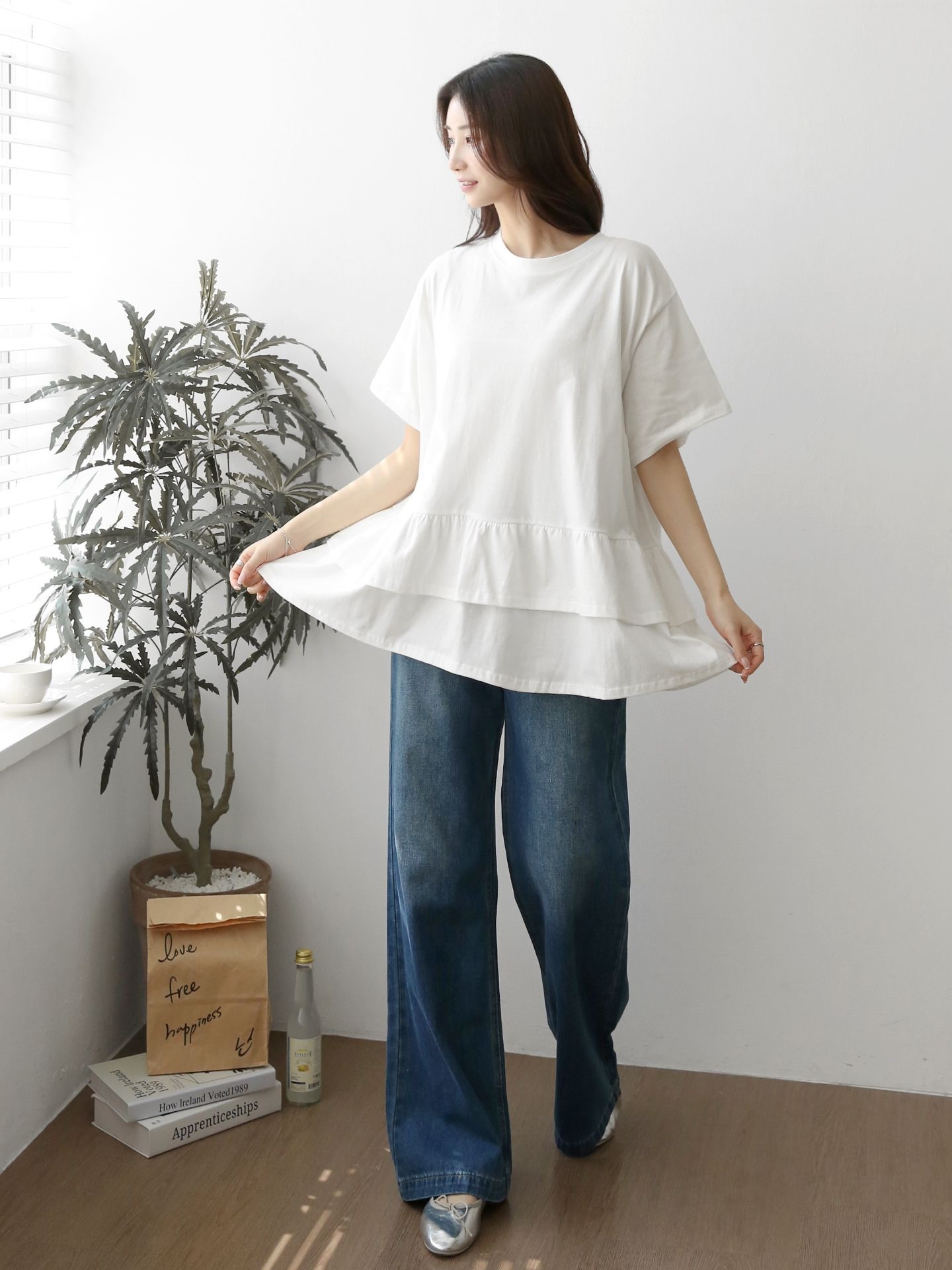 コットンラウンドネックシャーリングラッフルティアードオーバーサイズルーズ半袖ハーフドロップショルダー無地Tシャツ | 詳細画像11