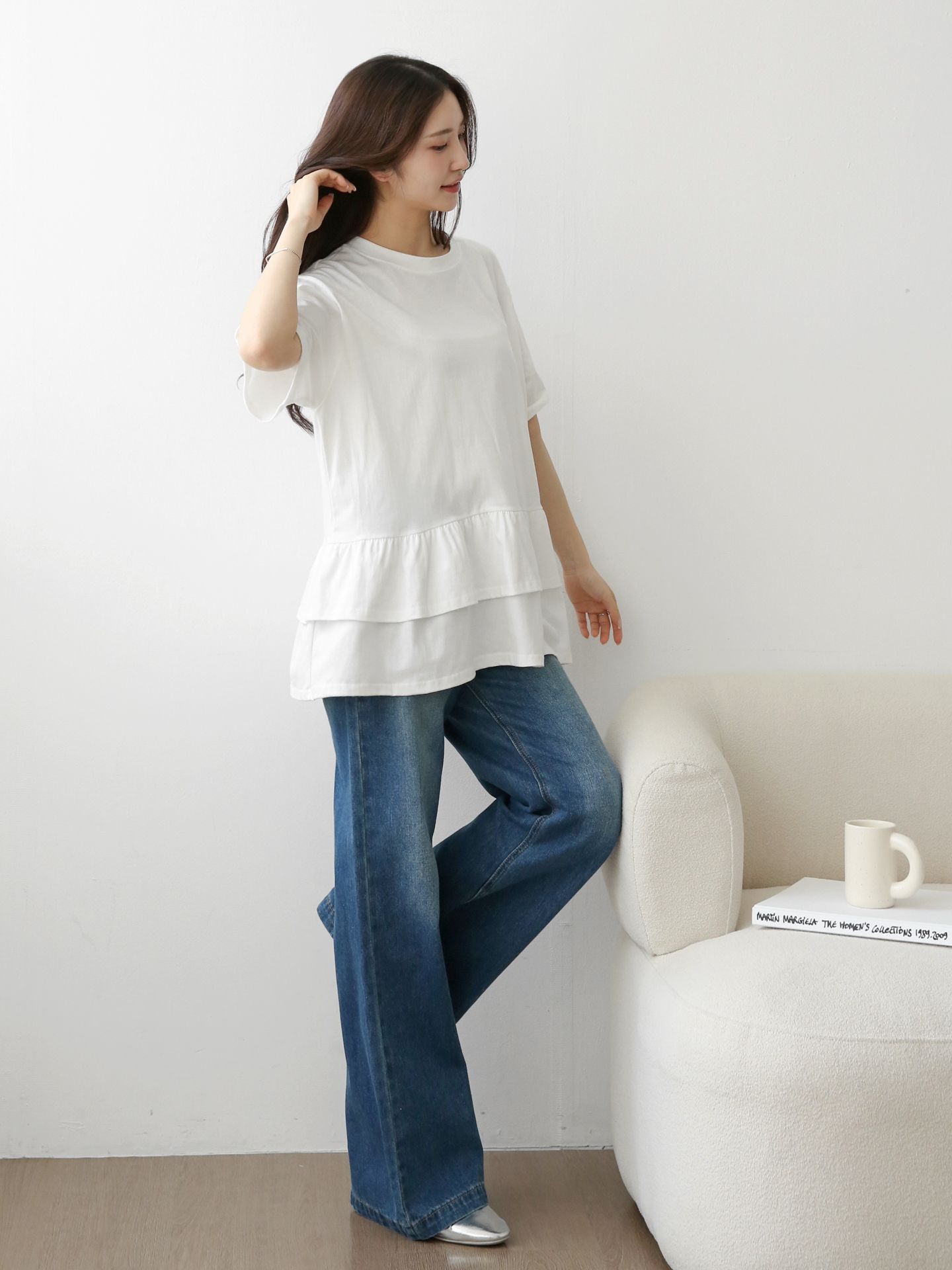 コットンラウンドネックシャーリングラッフルティアードオーバーサイズルーズ半袖ハーフドロップショルダー無地Tシャツ | 詳細画像12