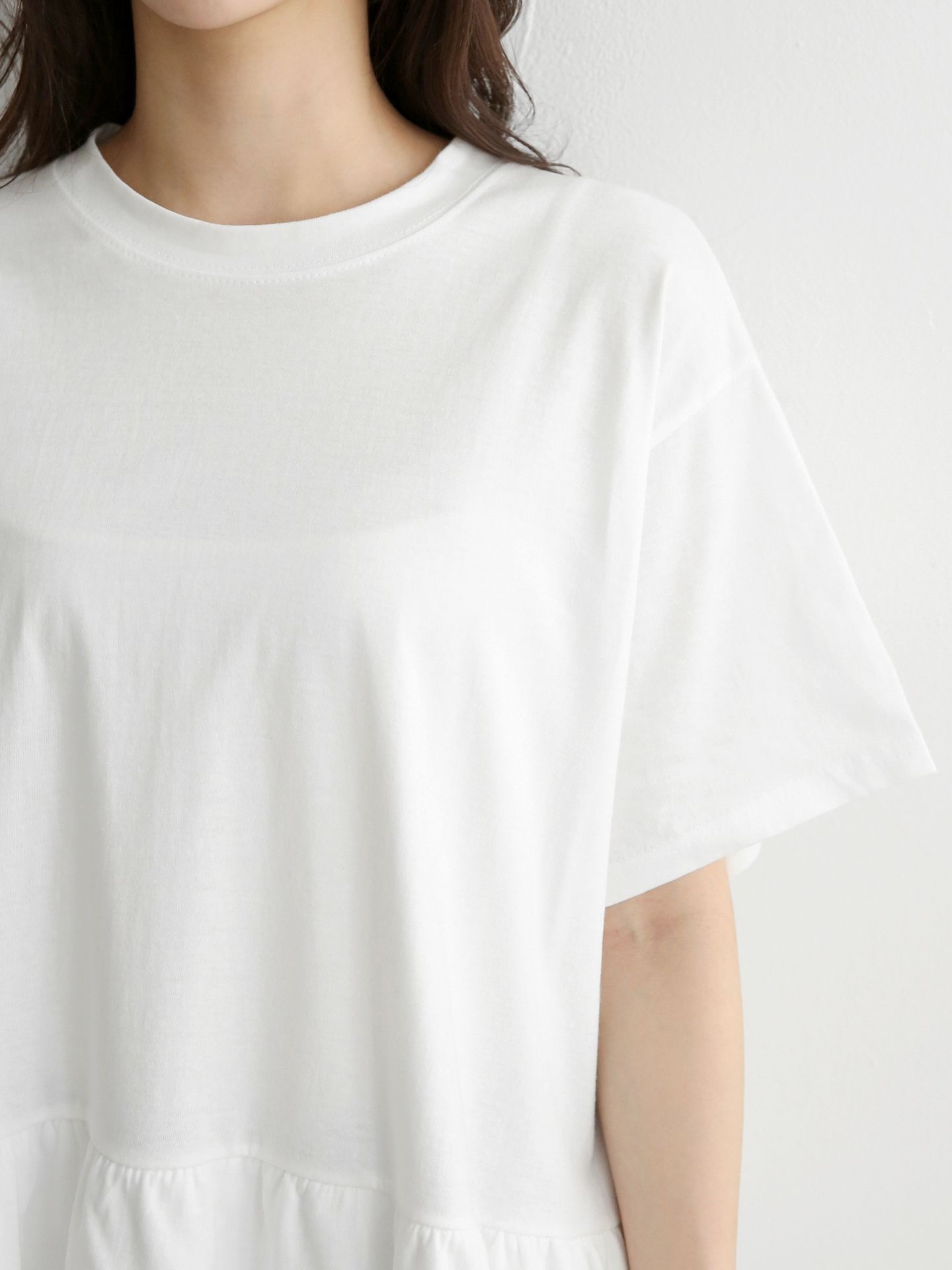 コットンラウンドネックシャーリングラッフルティアードオーバーサイズルーズ半袖ハーフドロップショルダー無地Tシャツ | 詳細画像13