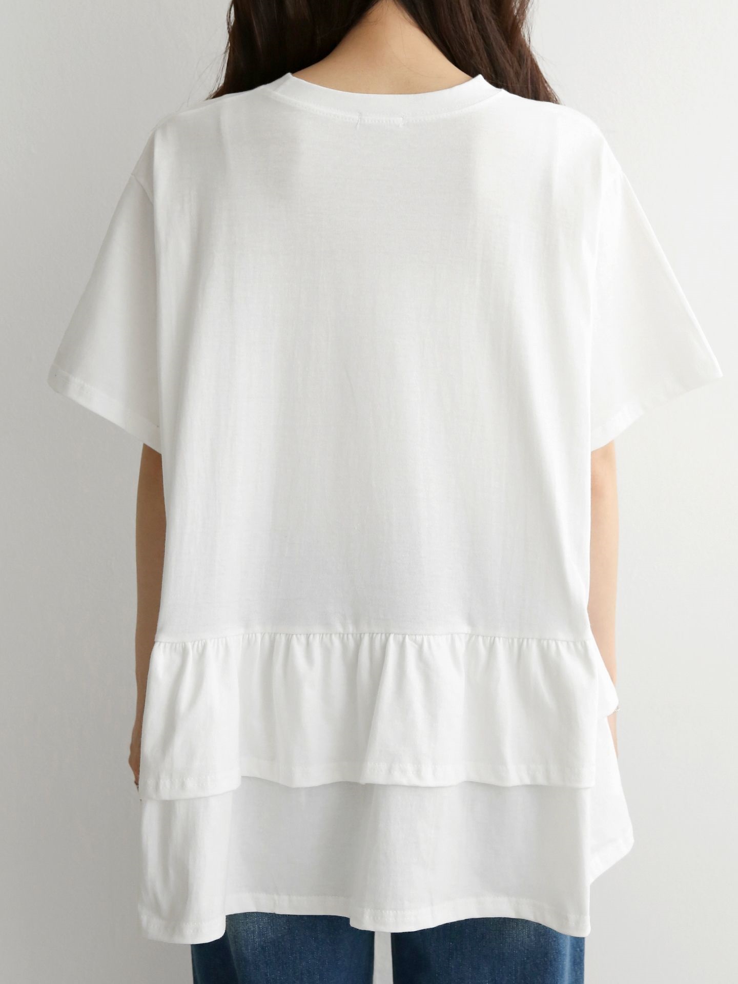 コットンラウンドネックシャーリングラッフルティアードオーバーサイズルーズ半袖ハーフドロップショルダー無地Tシャツ | 詳細画像14