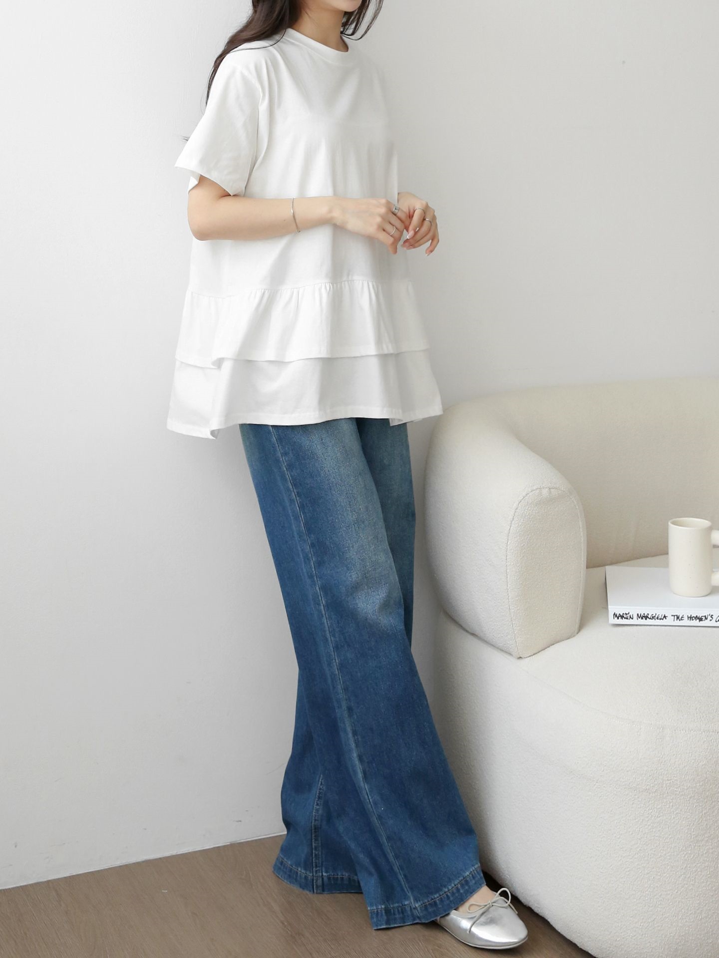 コットンラウンドネックシャーリングラッフルティアードオーバーサイズルーズ半袖ハーフドロップショルダー無地Tシャツ | 詳細画像15