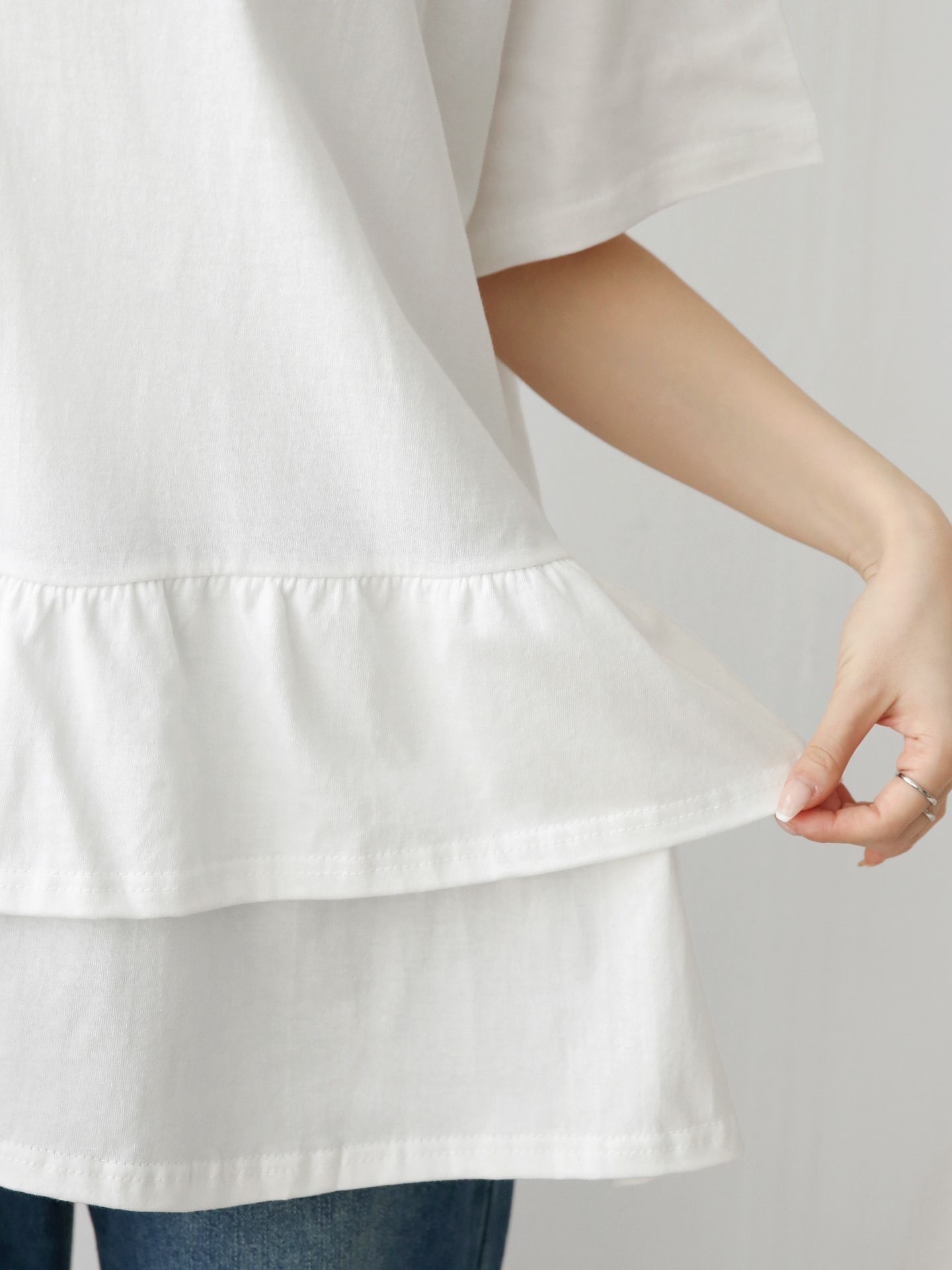 コットンラウンドネックシャーリングラッフルティアードオーバーサイズルーズ半袖ハーフドロップショルダー無地Tシャツ | 詳細画像16