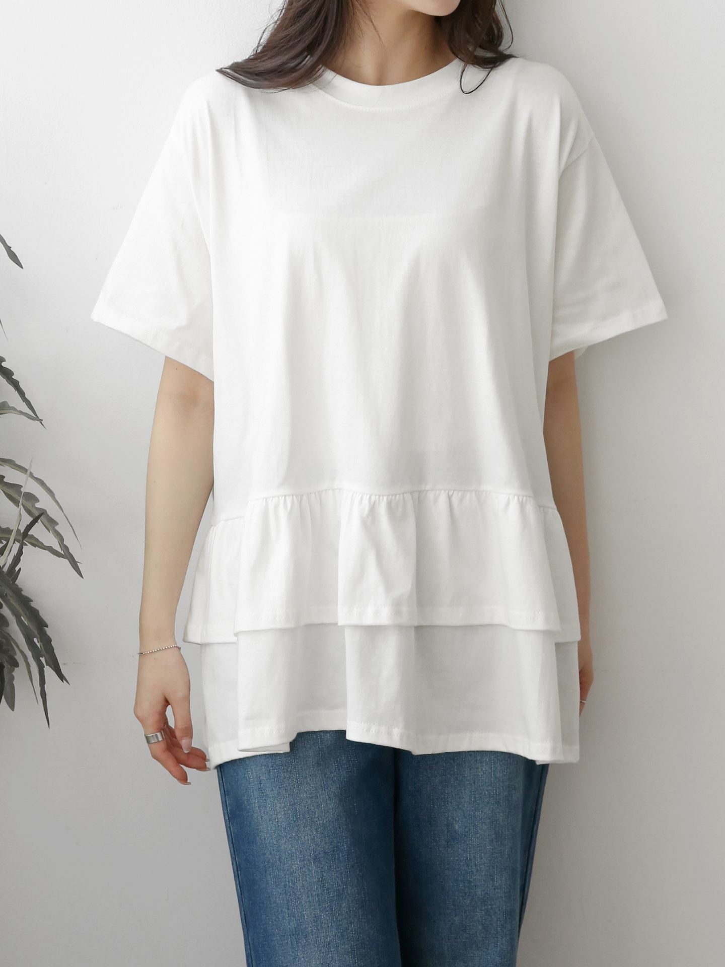 コットンラウンドネックシャーリングラッフルティアードオーバーサイズルーズ半袖ハーフドロップショルダー無地Tシャツ | 詳細画像17