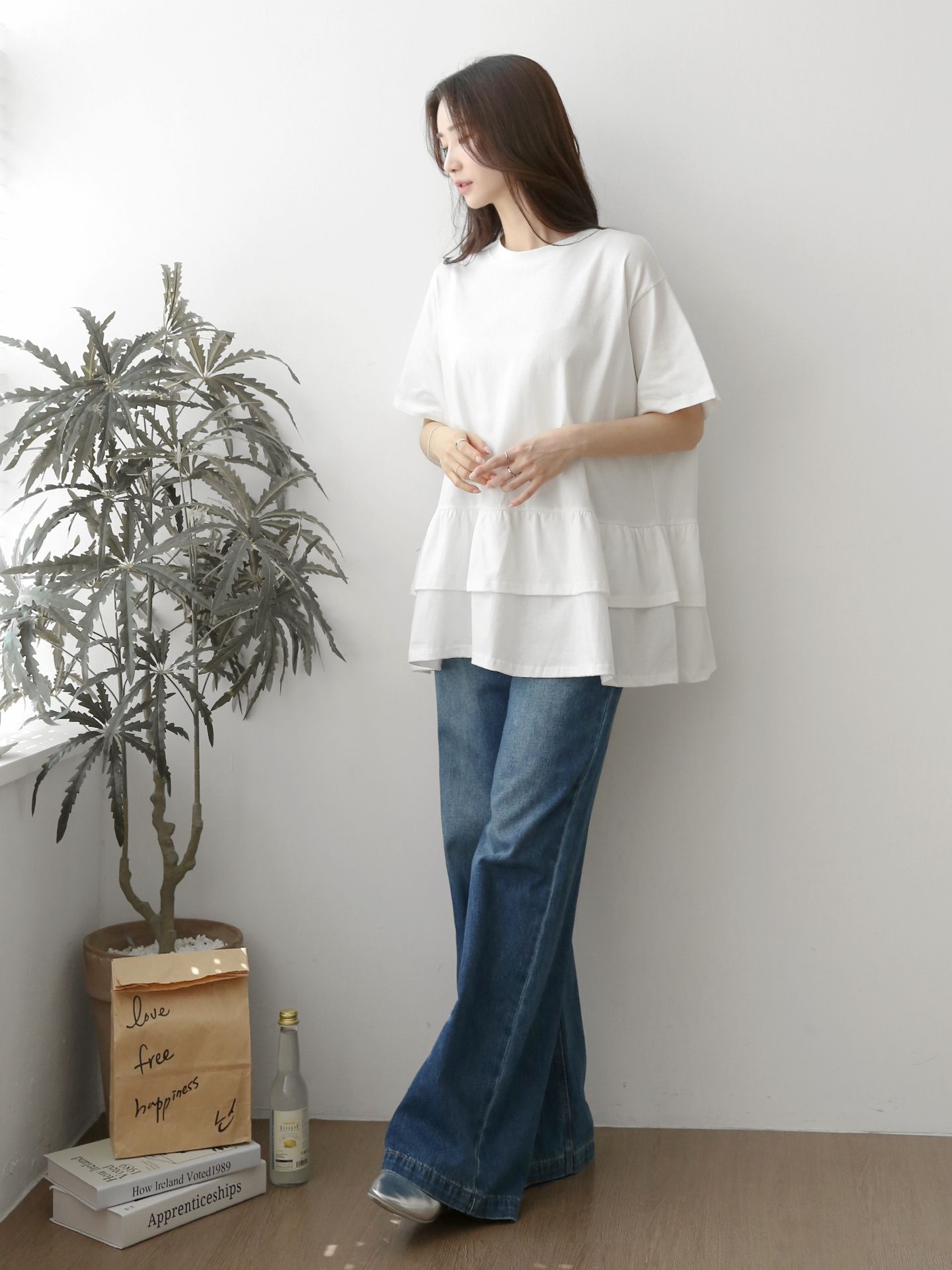 コットンラウンドネックシャーリングラッフルティアードオーバーサイズルーズ半袖ハーフドロップショルダー無地Tシャツ | 詳細画像18