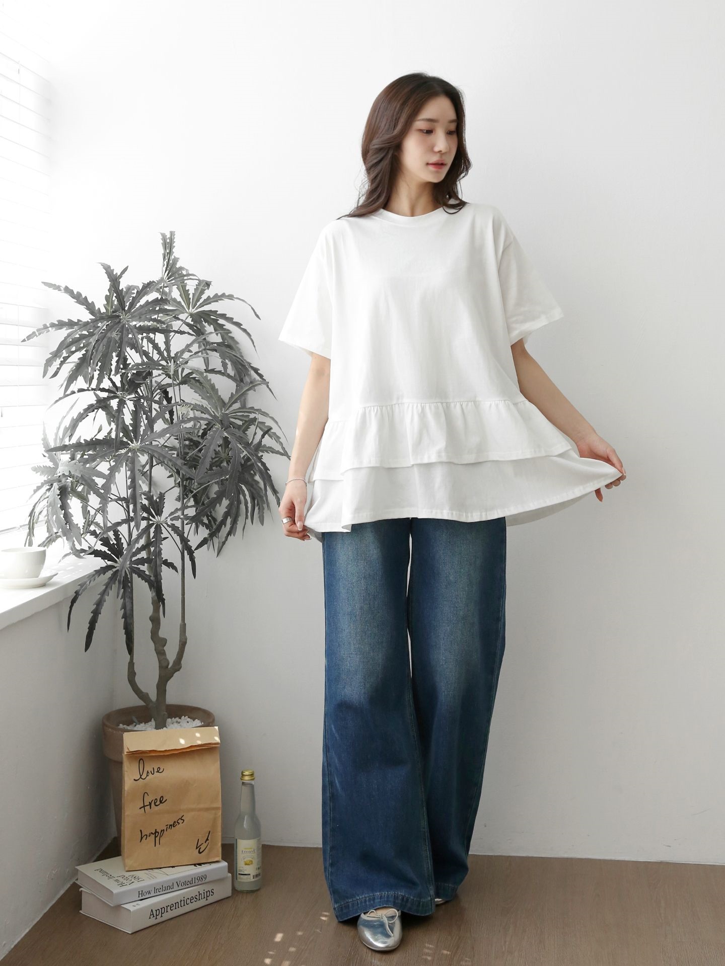 コットンラウンドネックシャーリングラッフルティアードオーバーサイズルーズ半袖ハーフドロップショルダー無地Tシャツ | 詳細画像19