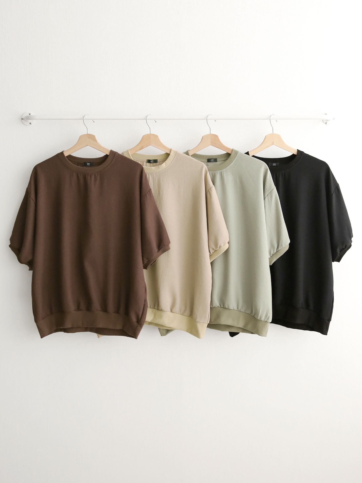 ラウンドネックパフスリーブオーバーサイズルーズ半袖ドロップショルダー無地スウェット | 詳細画像2