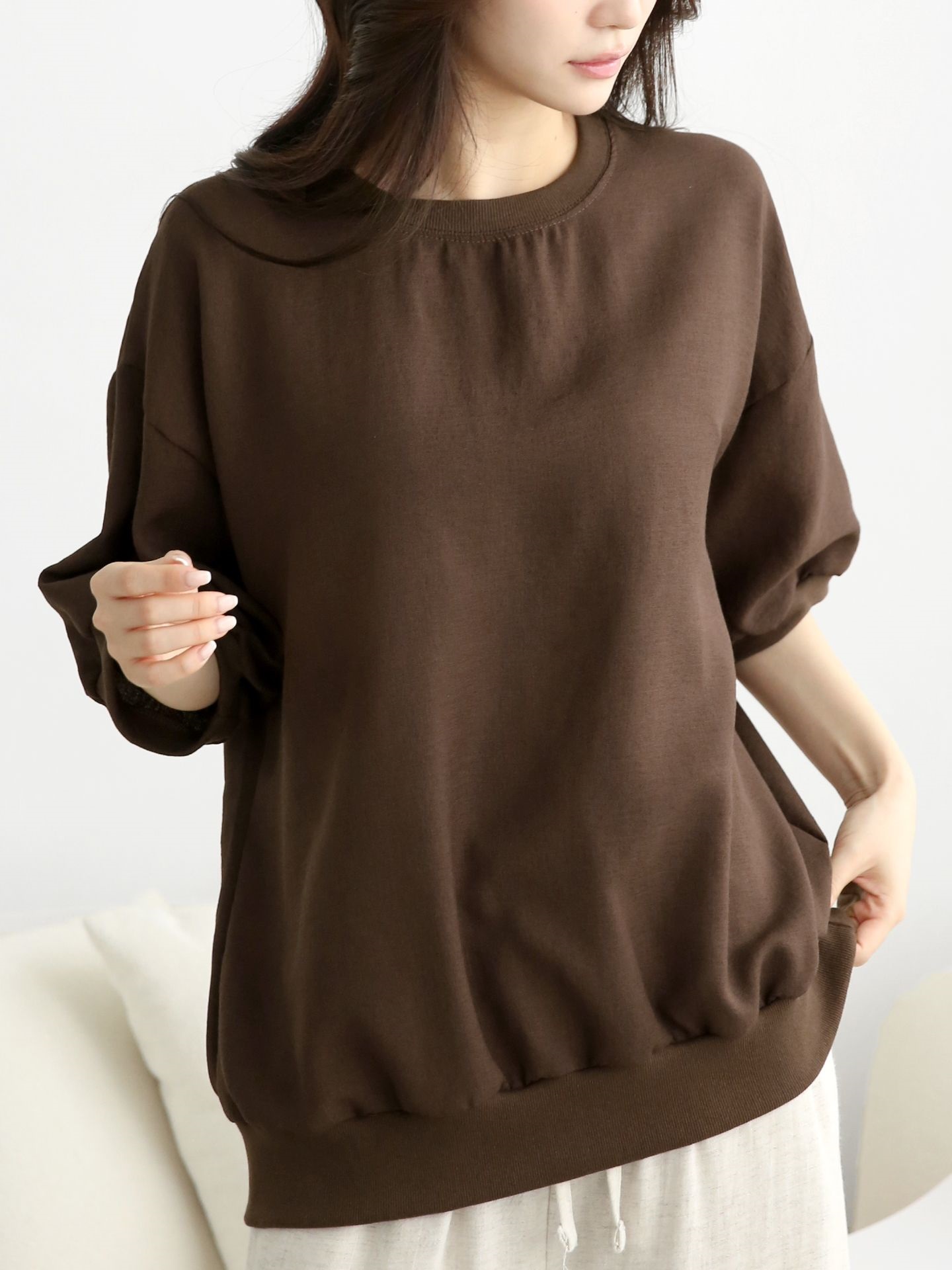 ラウンドネックパフスリーブオーバーサイズルーズ半袖ドロップショルダー無地スウェット | 詳細画像3