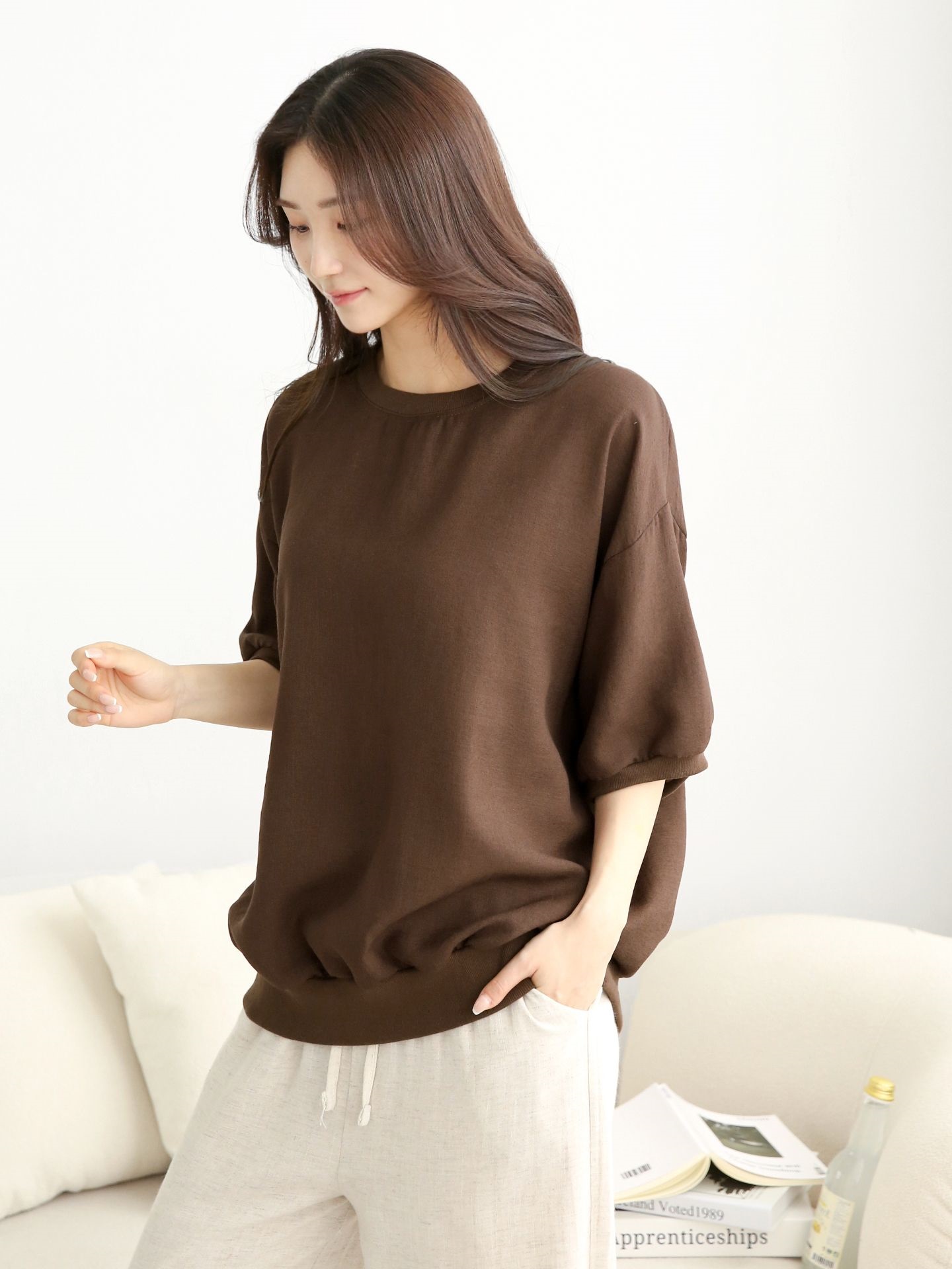 ラウンドネックパフスリーブオーバーサイズルーズ半袖ドロップショルダー無地スウェット | 詳細画像4