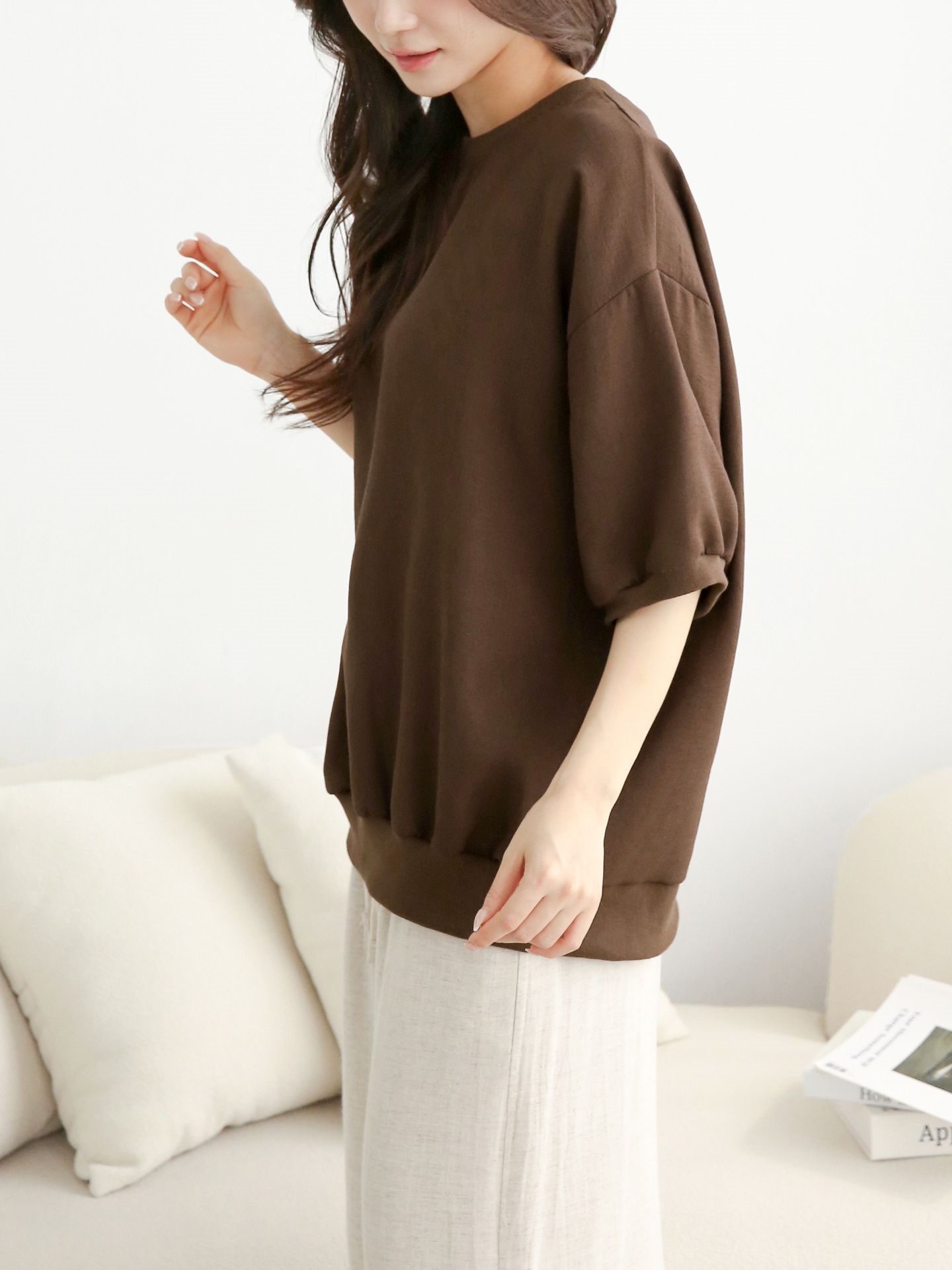 ラウンドネックパフスリーブオーバーサイズルーズ半袖ドロップショルダー無地スウェット | 詳細画像5