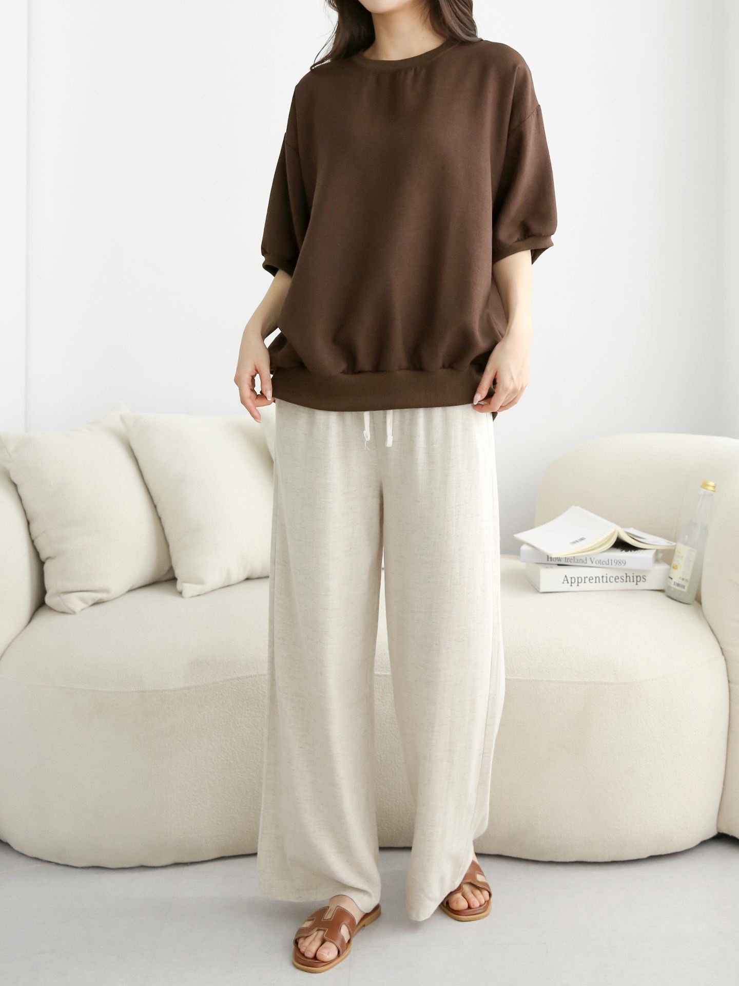 ラウンドネックパフスリーブオーバーサイズルーズ半袖ドロップショルダー無地スウェット | 詳細画像6