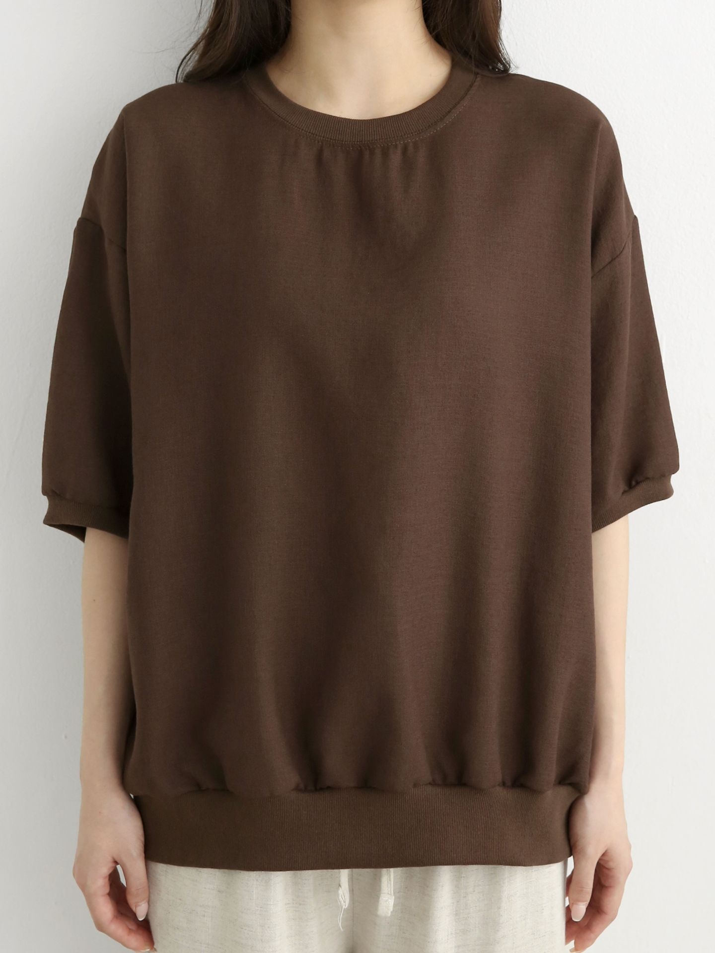 ラウンドネックパフスリーブオーバーサイズルーズ半袖ドロップショルダー無地スウェット | 詳細画像7