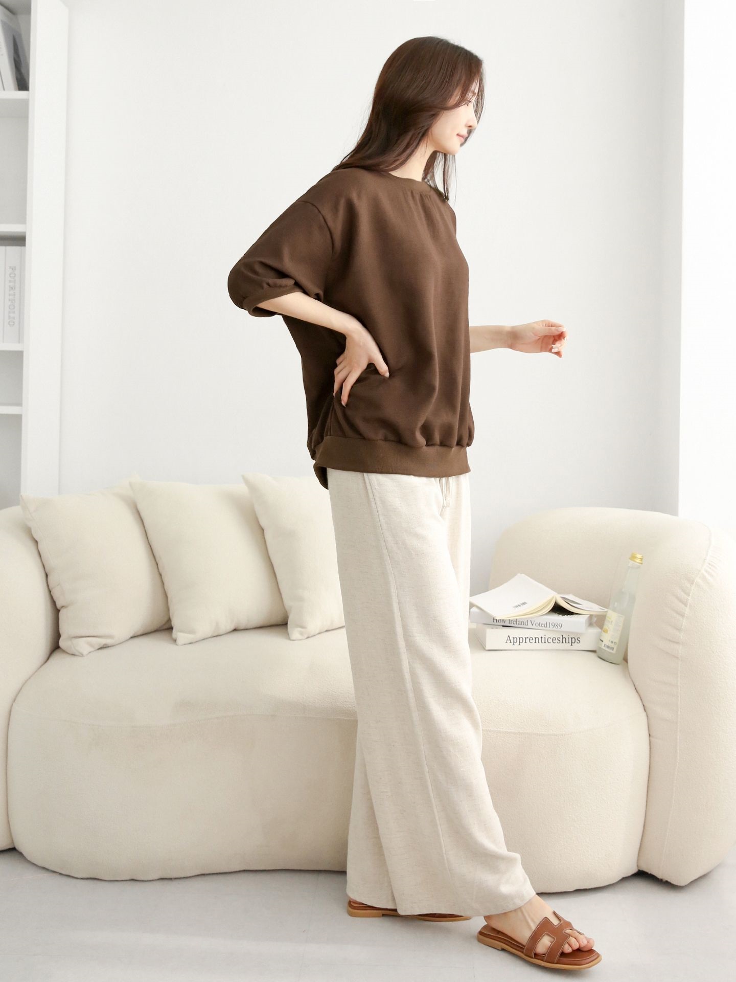 ラウンドネックパフスリーブオーバーサイズルーズ半袖ドロップショルダー無地スウェット | 詳細画像8