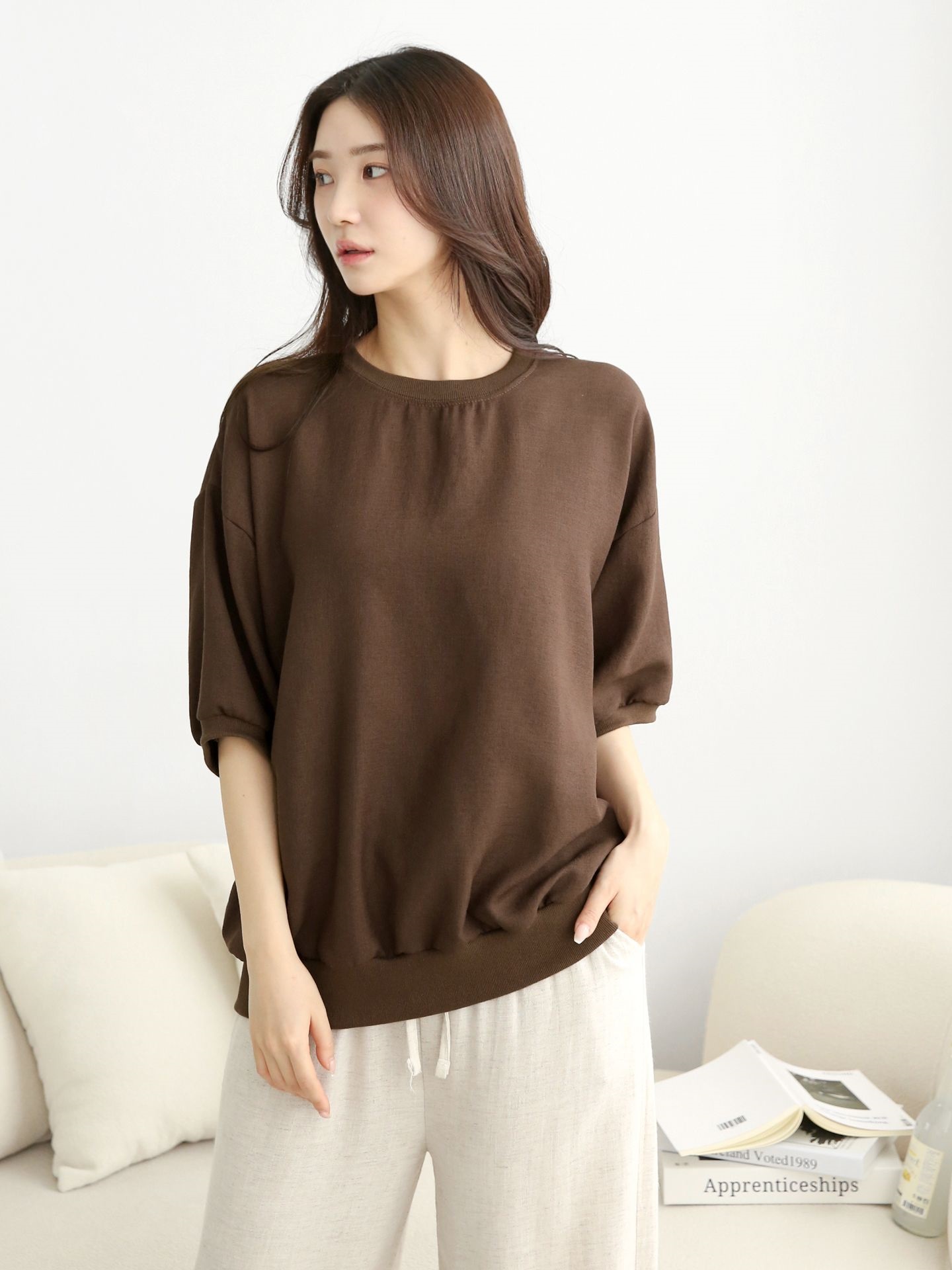 ラウンドネックパフスリーブオーバーサイズルーズ半袖ドロップショルダー無地スウェット | 詳細画像10