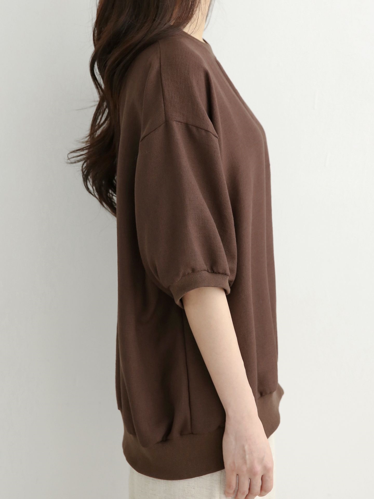 ラウンドネックパフスリーブオーバーサイズルーズ半袖ドロップショルダー無地スウェット | 詳細画像13