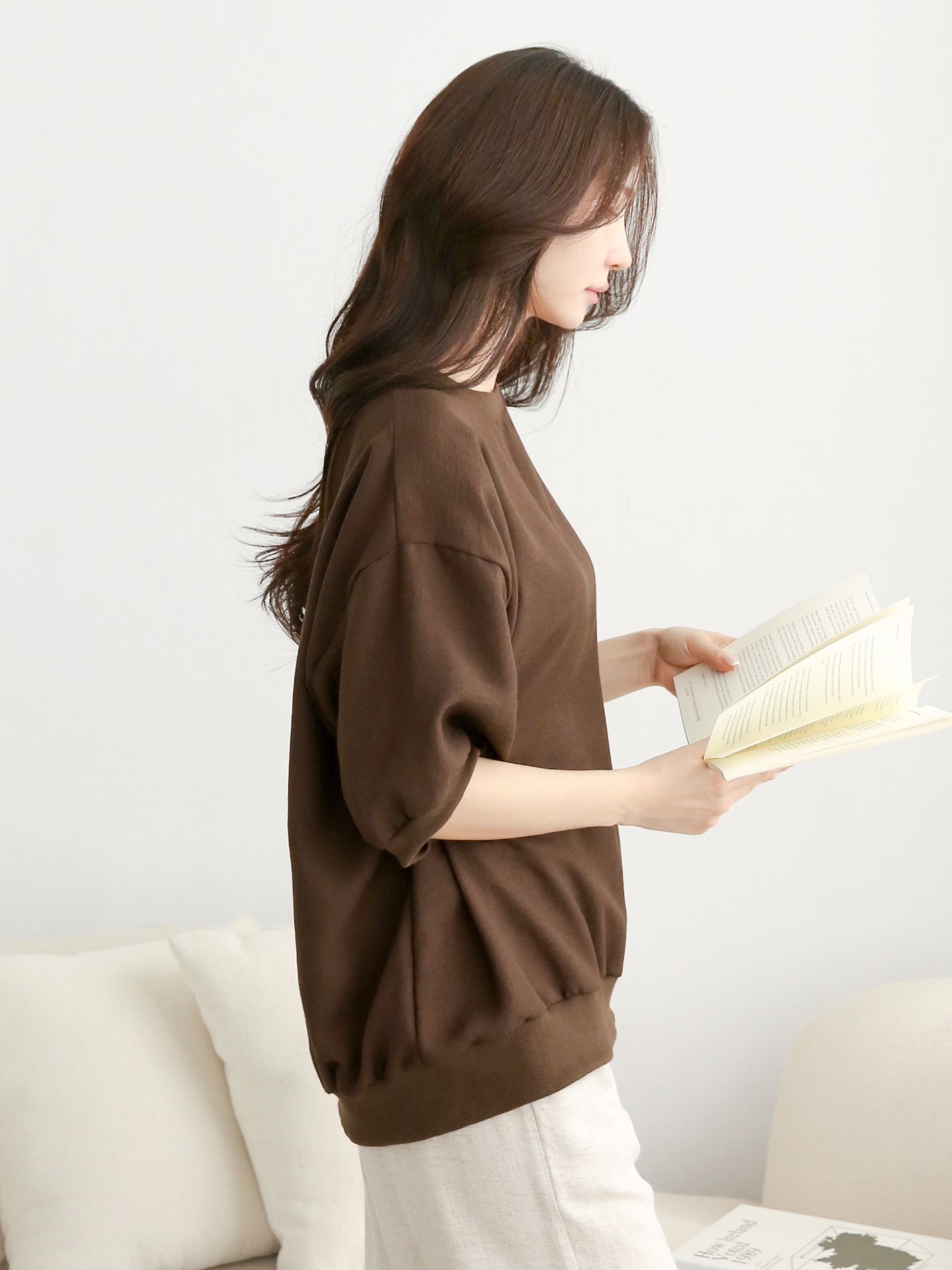 ラウンドネックパフスリーブオーバーサイズルーズ半袖ドロップショルダー無地スウェット | 詳細画像14