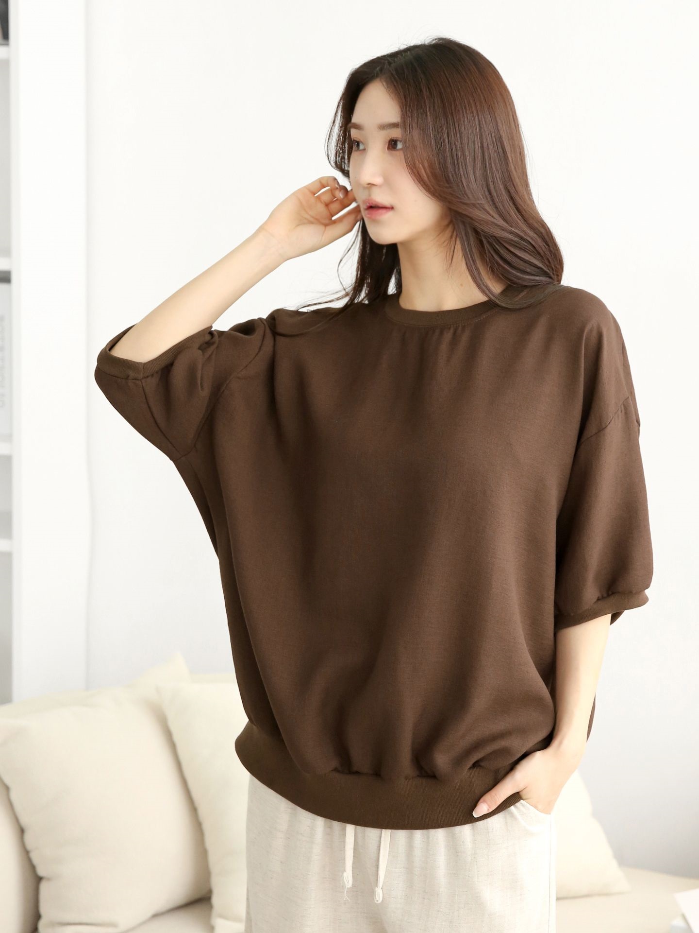 ラウンドネックパフスリーブオーバーサイズルーズ半袖ドロップショルダー無地スウェット | 詳細画像15