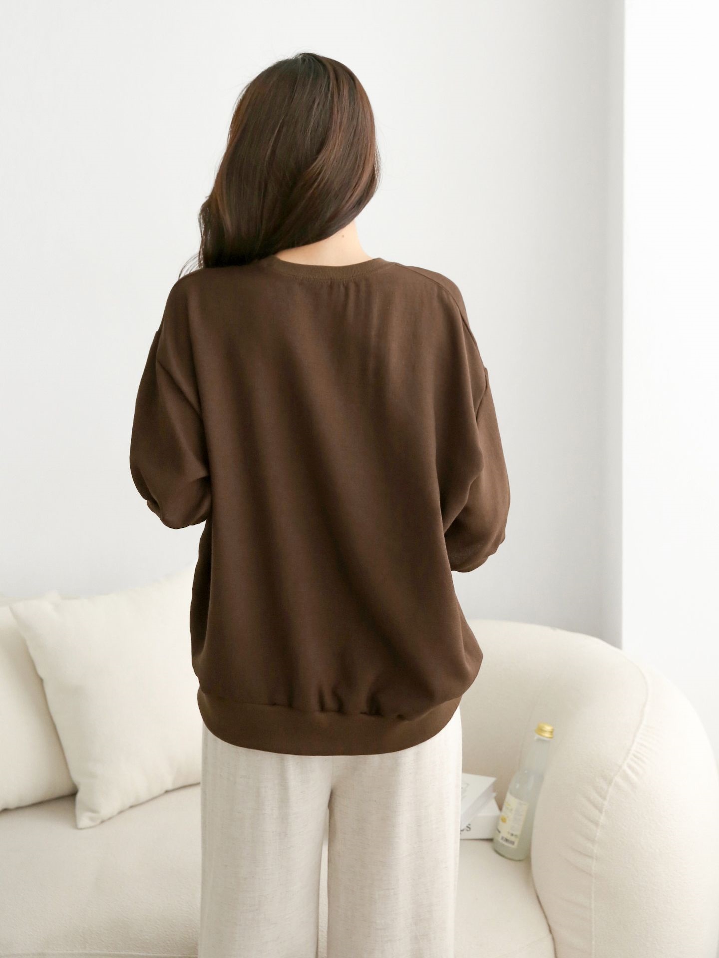 ラウンドネックパフスリーブオーバーサイズルーズ半袖ドロップショルダー無地スウェット | 詳細画像17