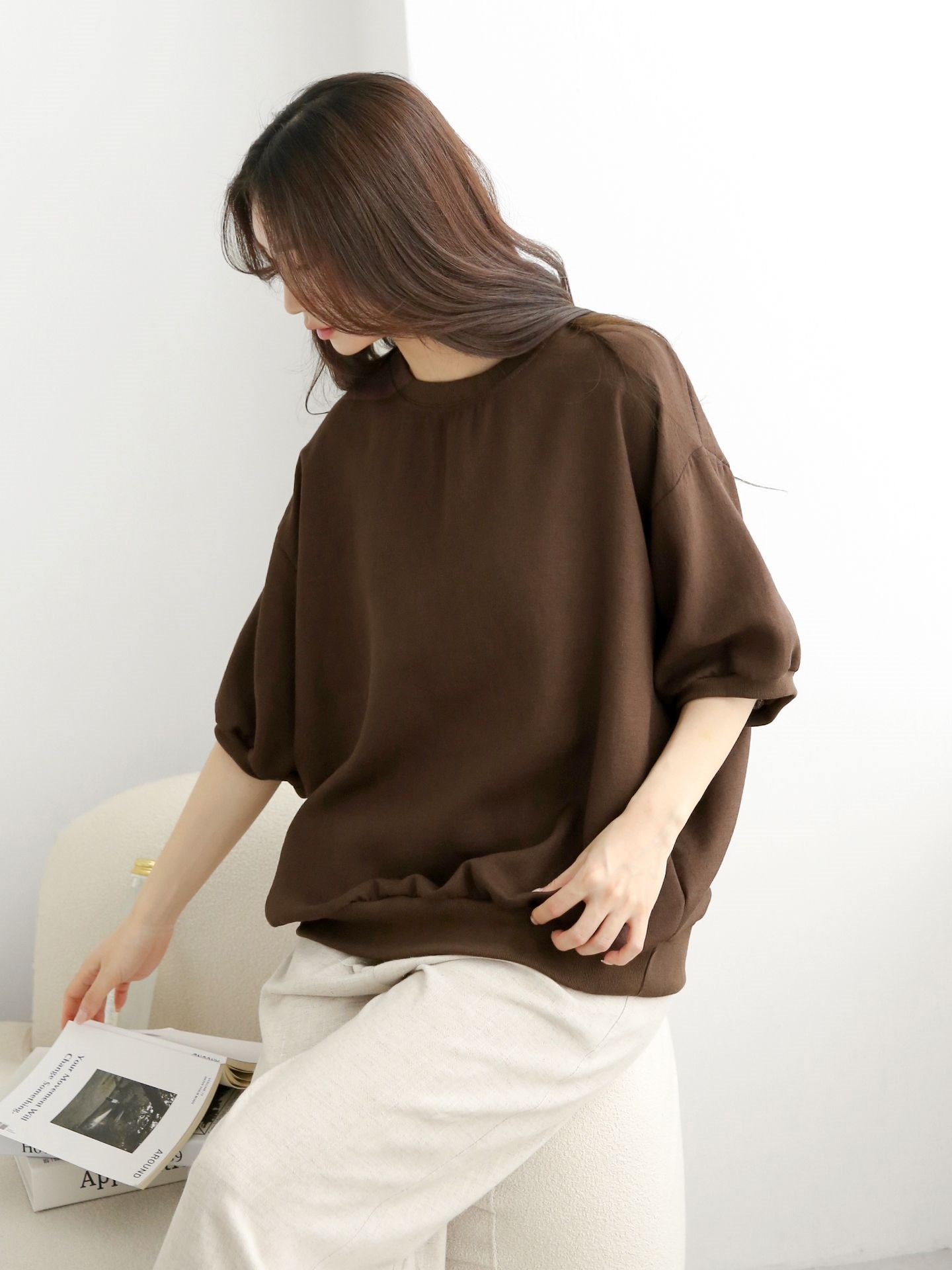 ラウンドネックパフスリーブオーバーサイズルーズ半袖ドロップショルダー無地スウェット | 詳細画像19