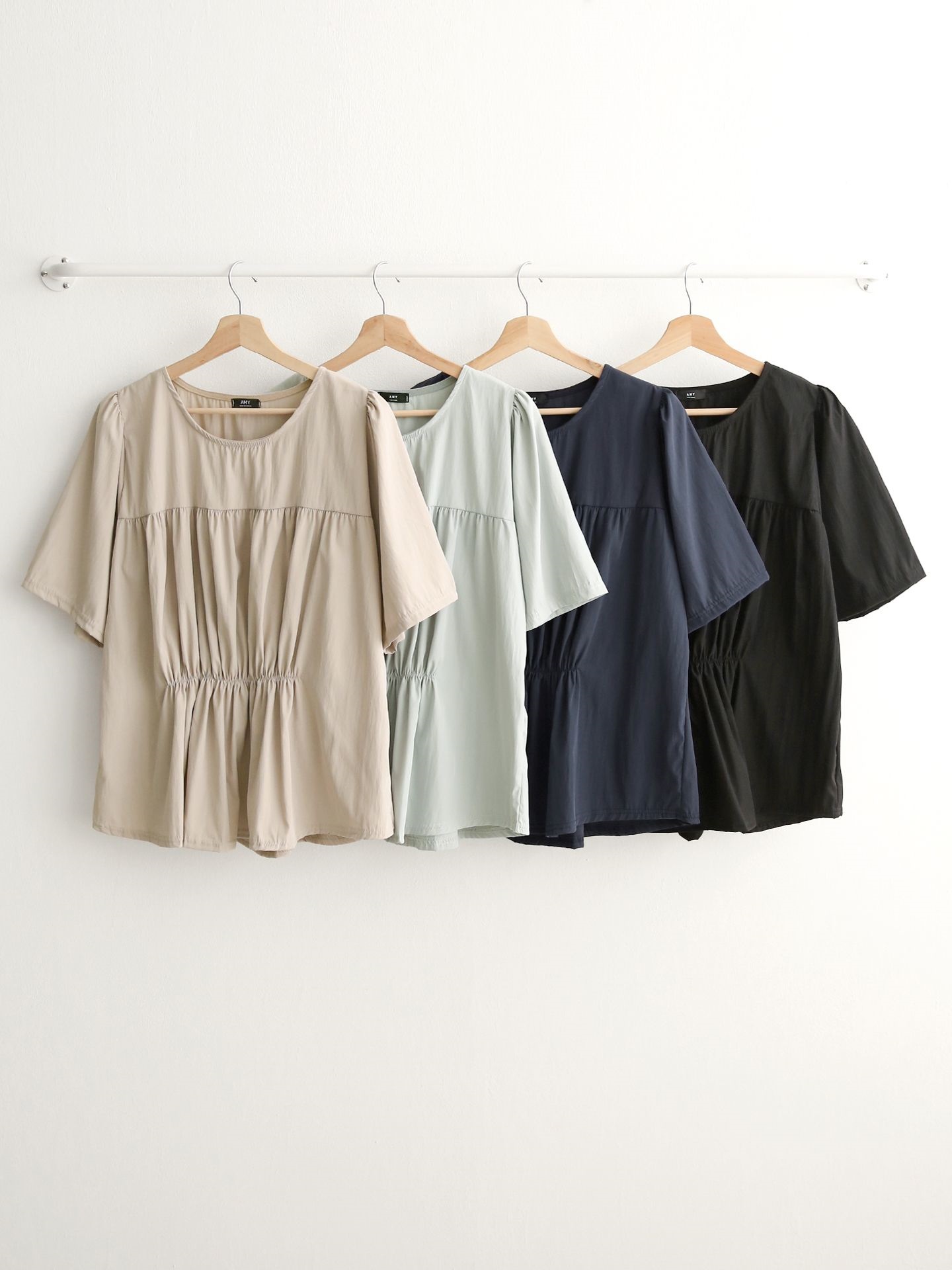 ラウンドネックシャーリングラインパフスリーブオーバーサイズルーズ半袖無地ブラウス | 詳細画像2