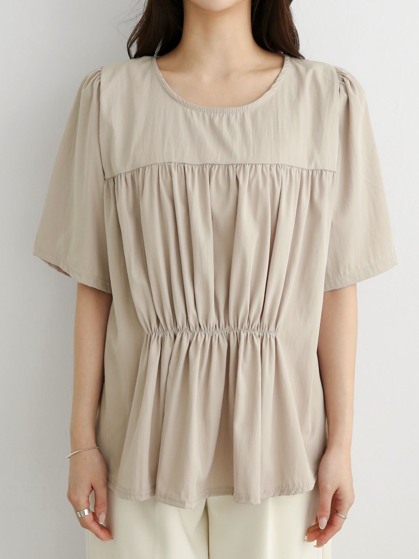 ラウンドネックシャーリングラインパフスリーブオーバーサイズルーズ半袖無地ブラウス | 詳細画像4