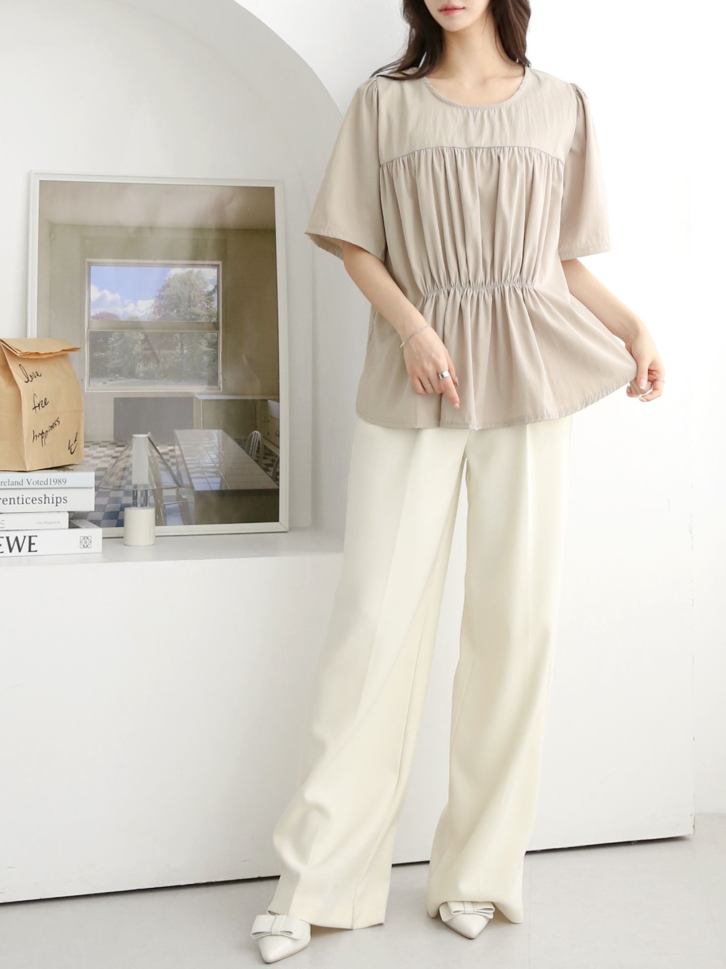 ラウンドネックシャーリングラインパフスリーブオーバーサイズルーズ半袖無地ブラウス | 詳細画像5