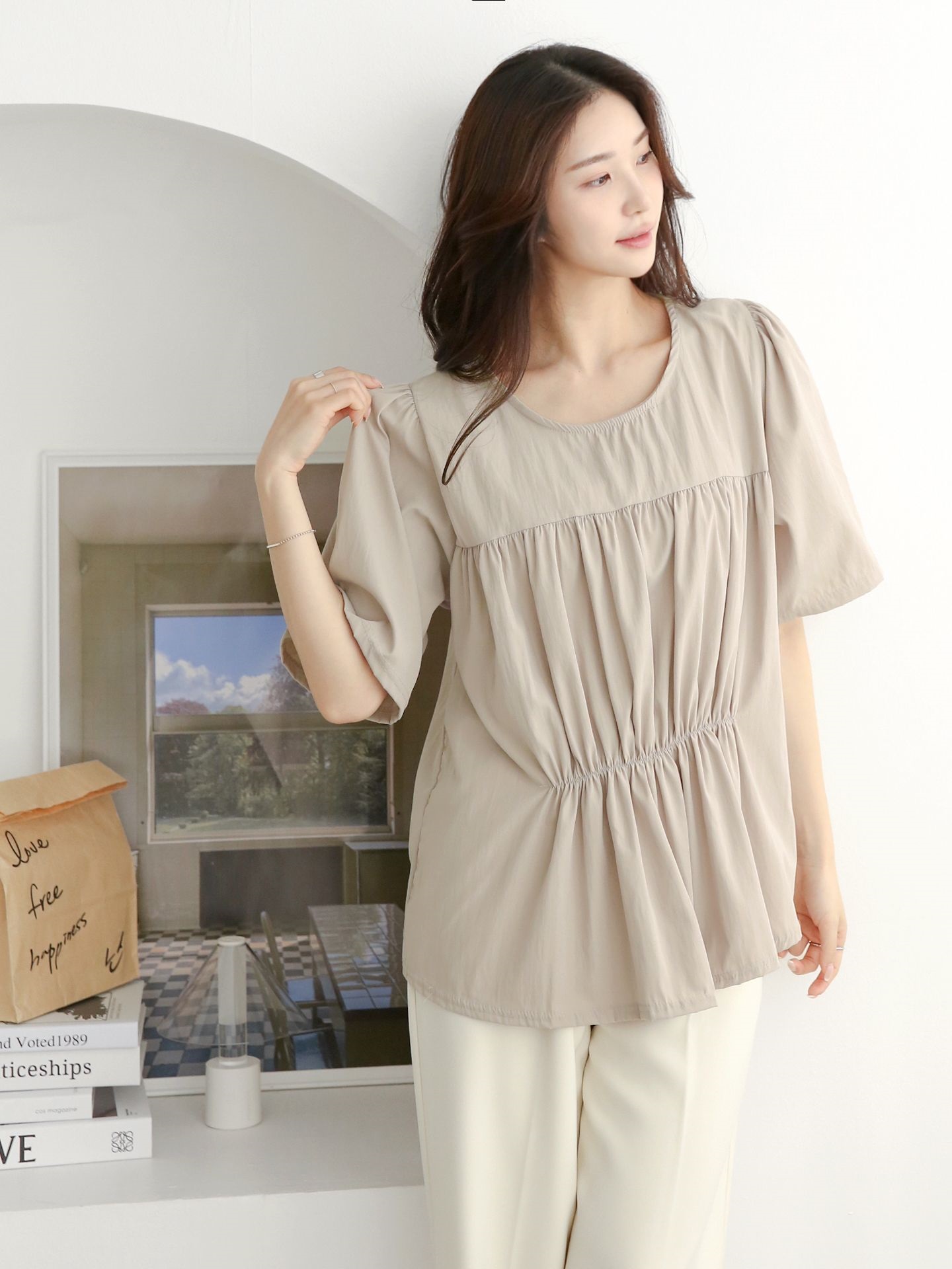 ラウンドネックシャーリングラインパフスリーブオーバーサイズルーズ半袖無地ブラウス | 詳細画像6